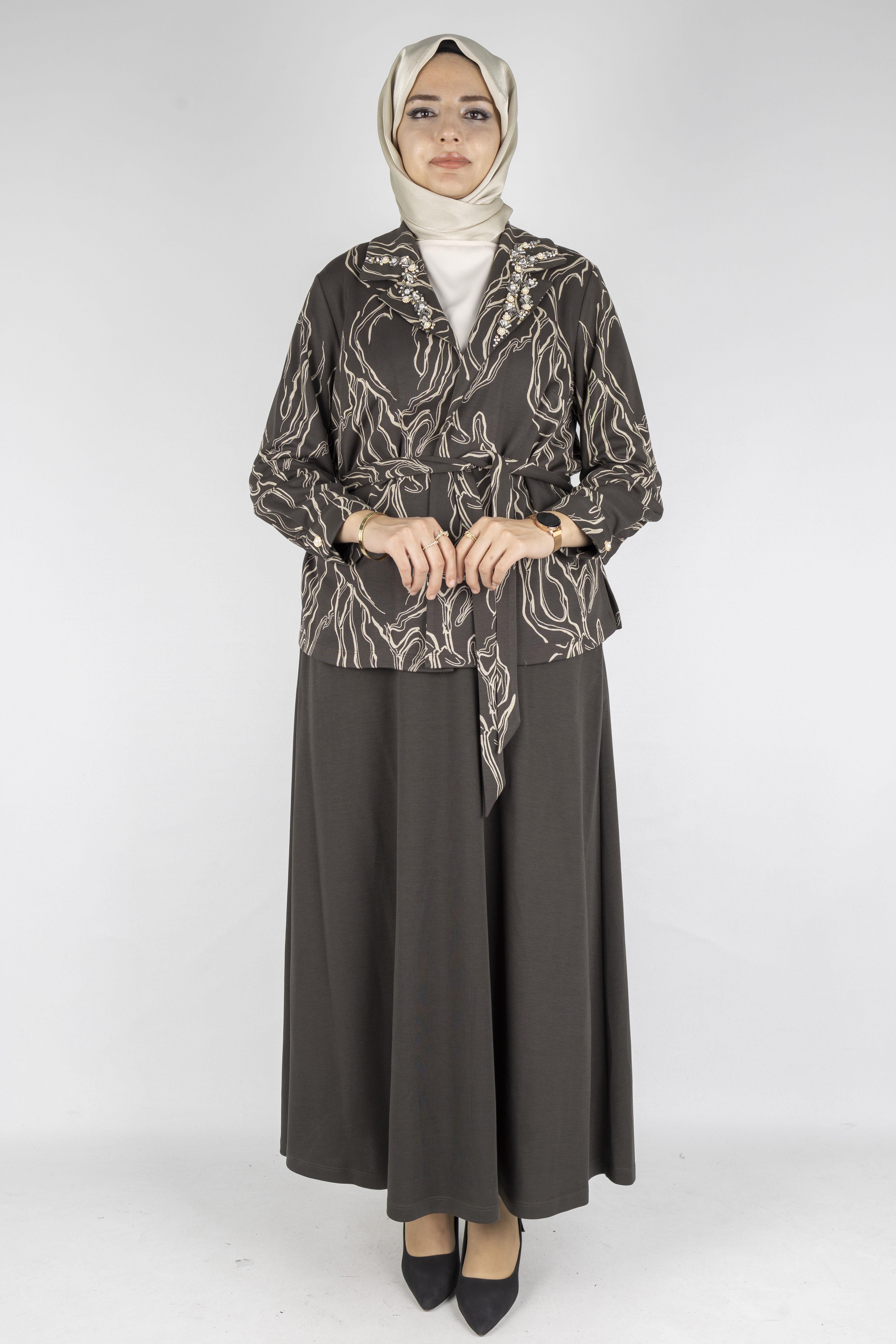 Desenli Taş İşlemeli Üçlü Örme Takım Ekru-Haki OTW4734