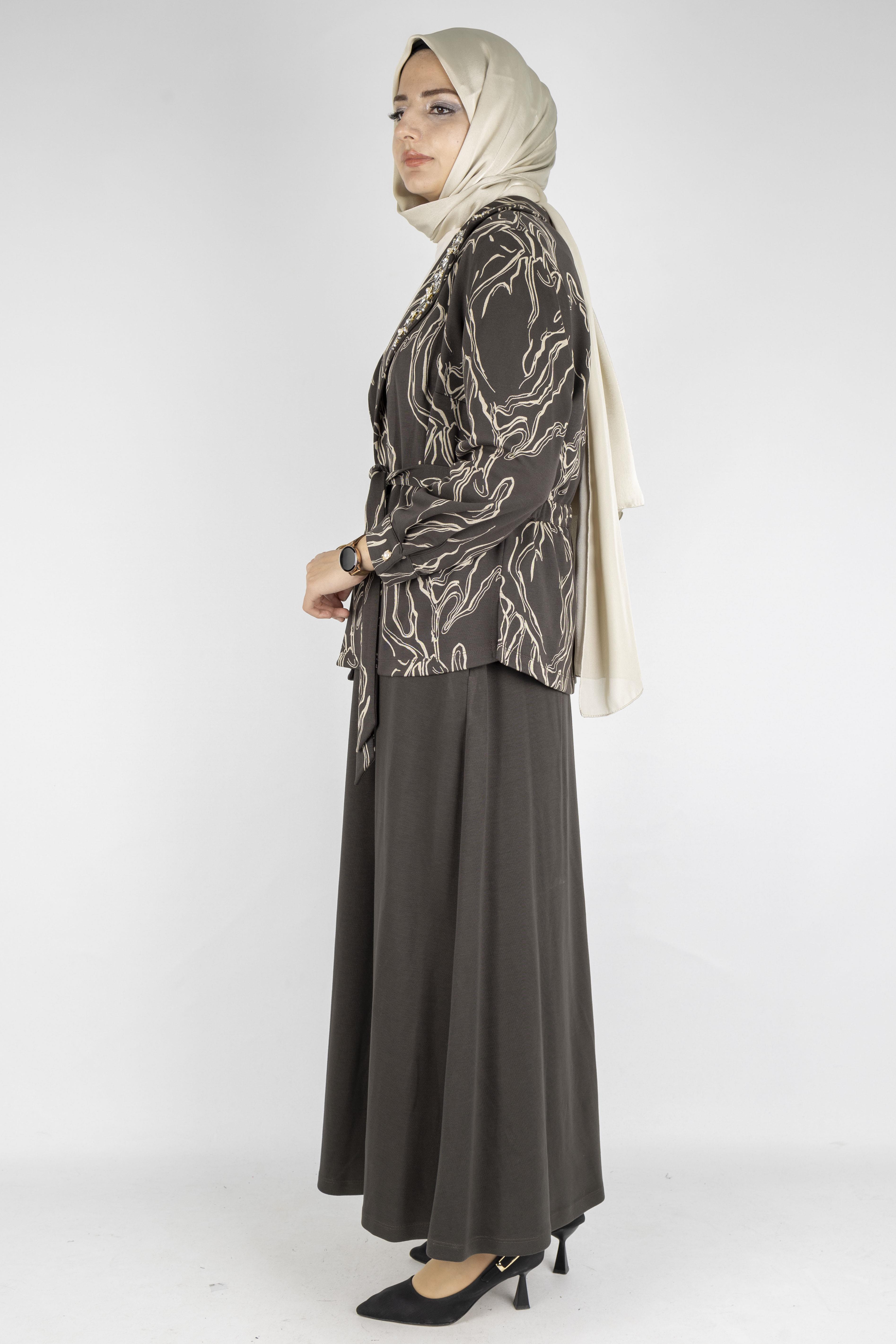 Desenli Taş İşlemeli Üçlü Örme Takım Ekru-Haki OTW4734