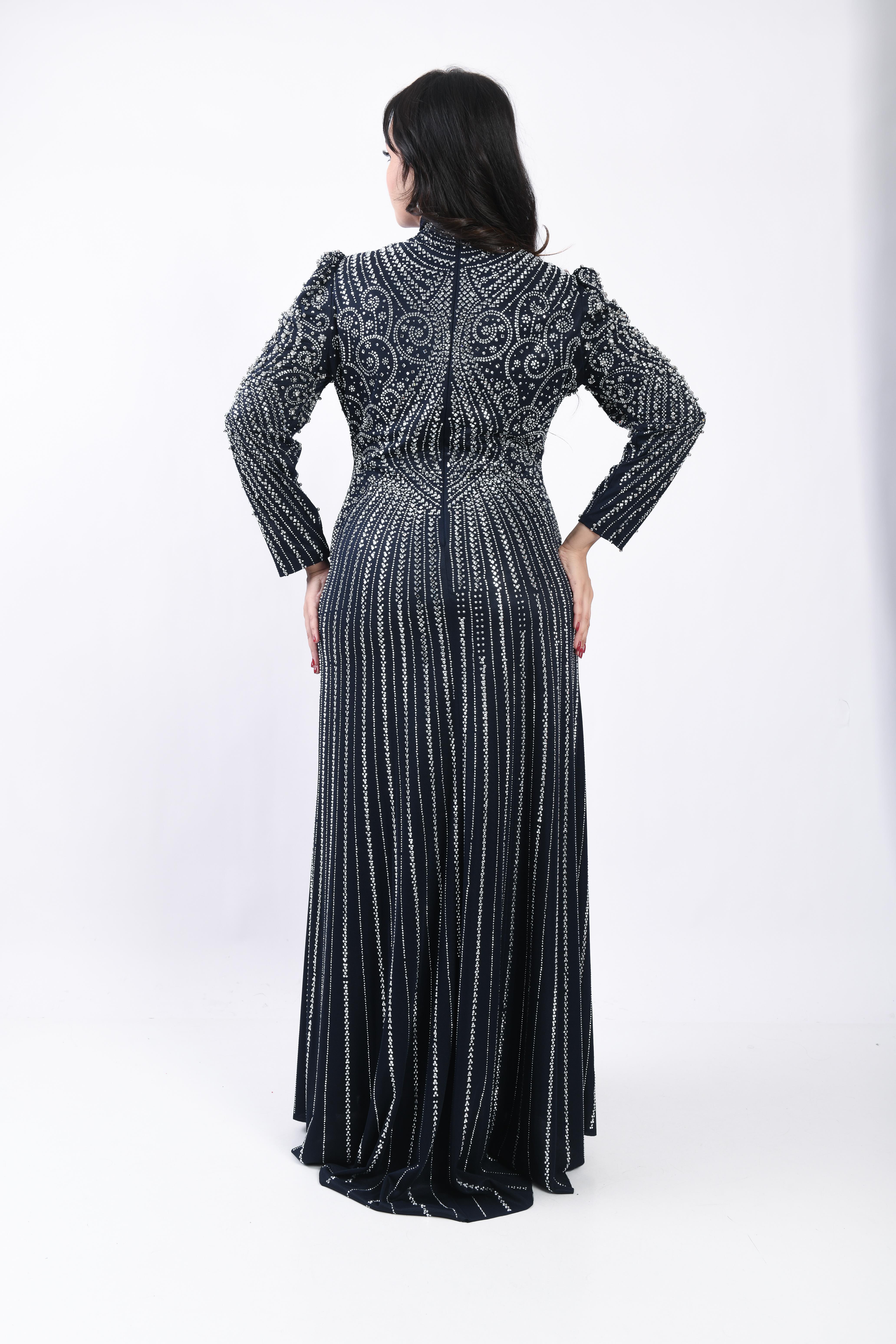 Desenli Taş İşlemeli Zarif Abiye Lacivert OTW3150