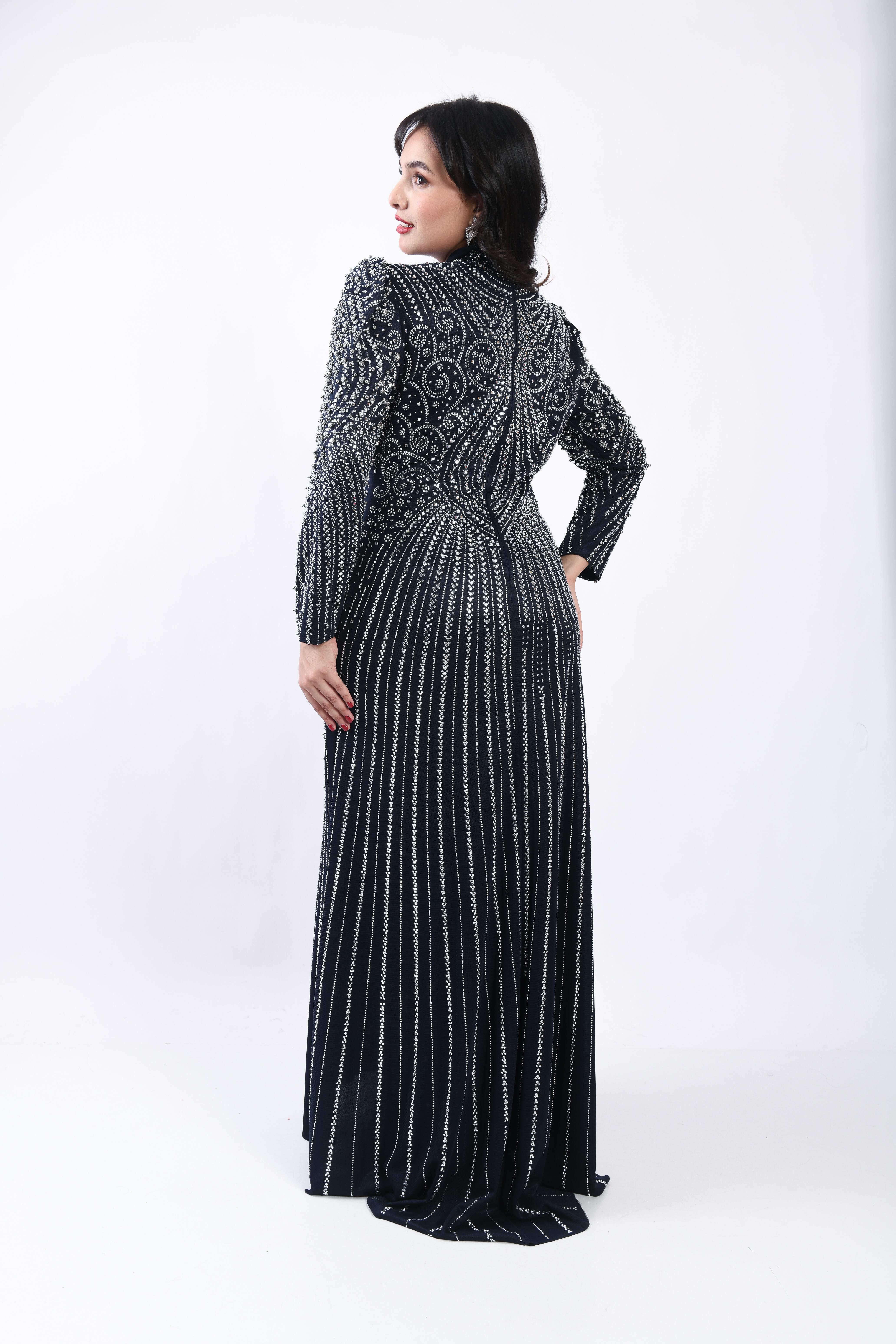 Desenli Taş İşlemeli Zarif Abiye Lacivert OTW3150