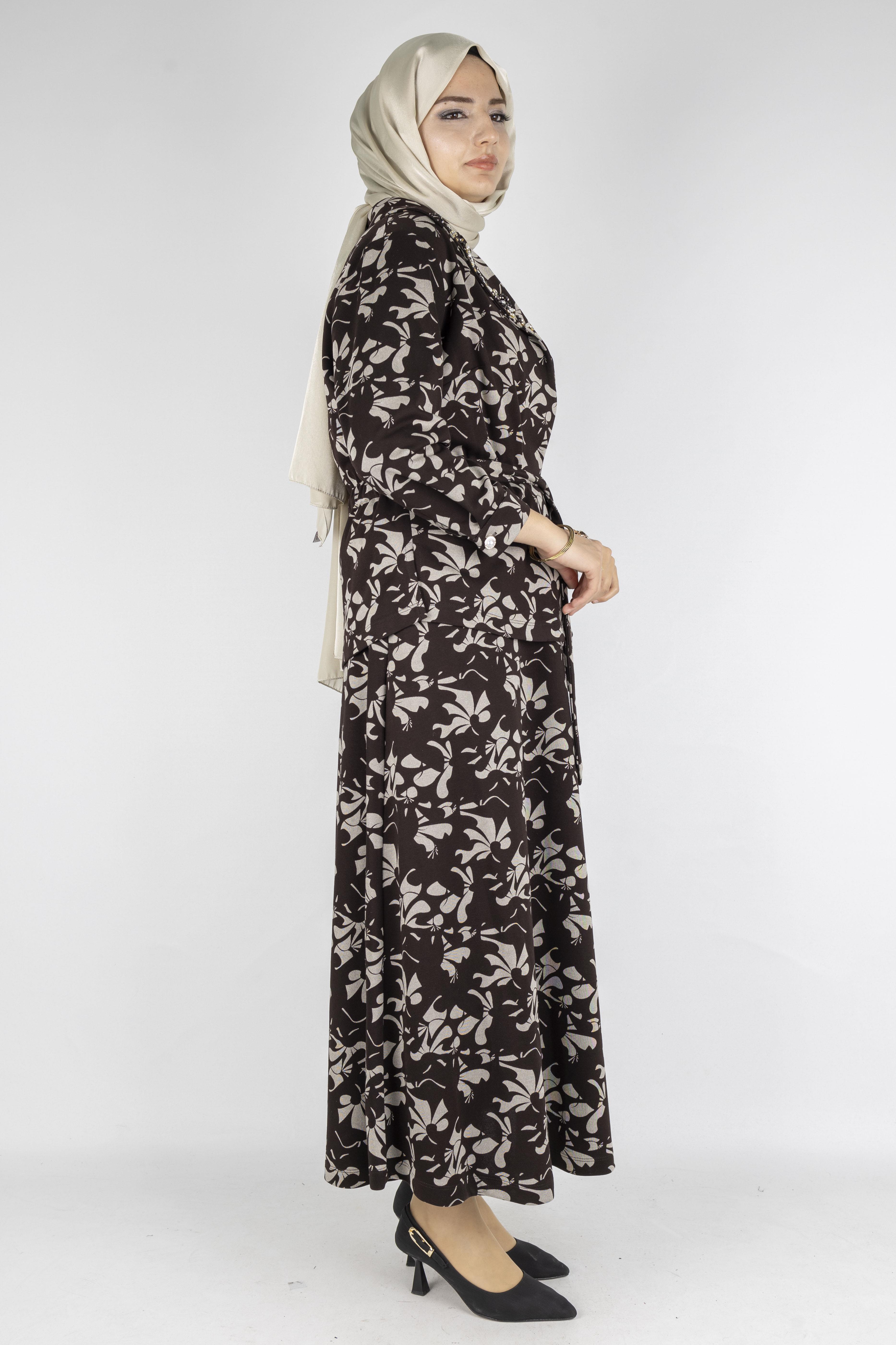 Desenli Üçlü Örme Takım Kahve-Ekru OTW4753