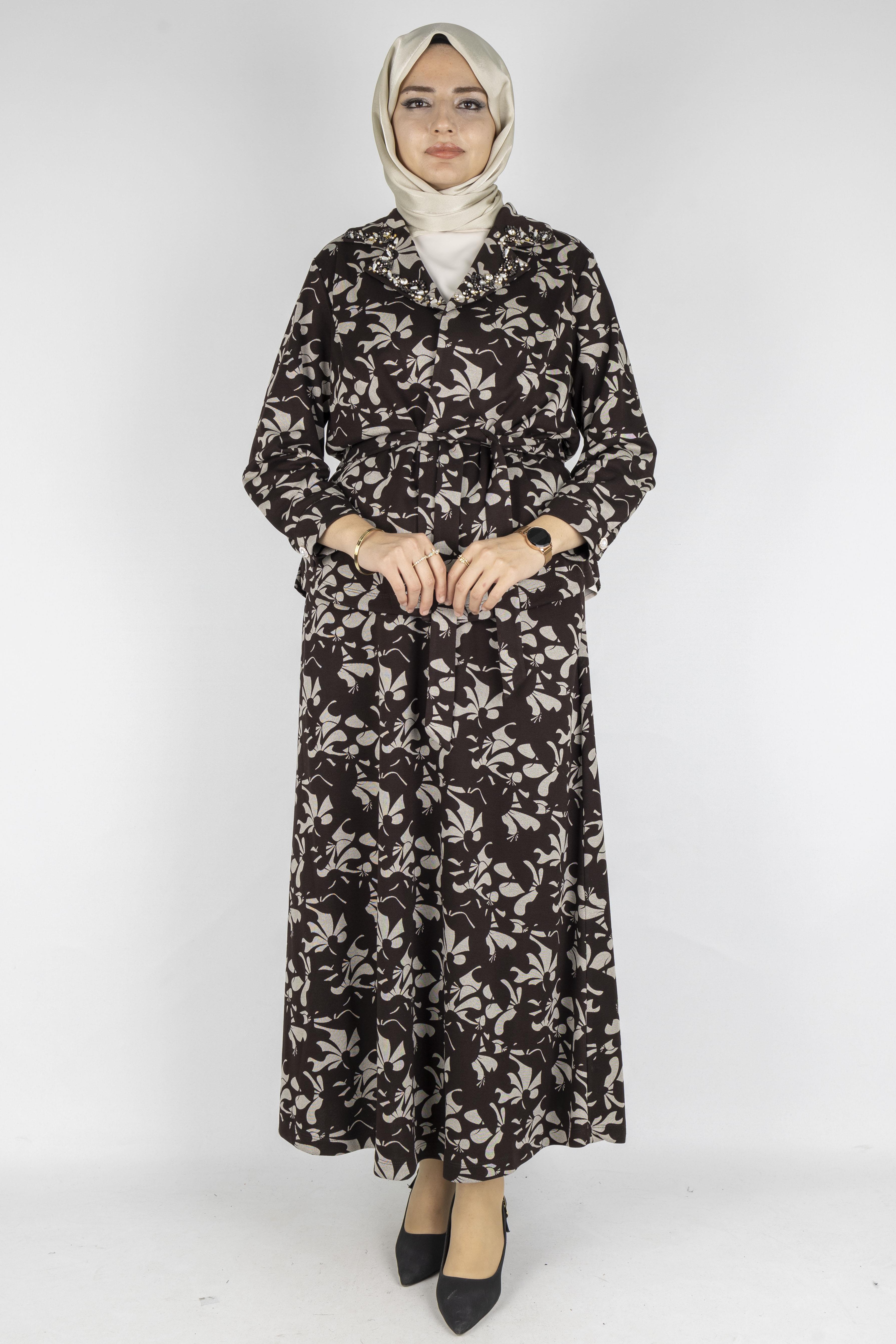 Desenli Üçlü Örme Takım Kahve-Ekru OTW4753