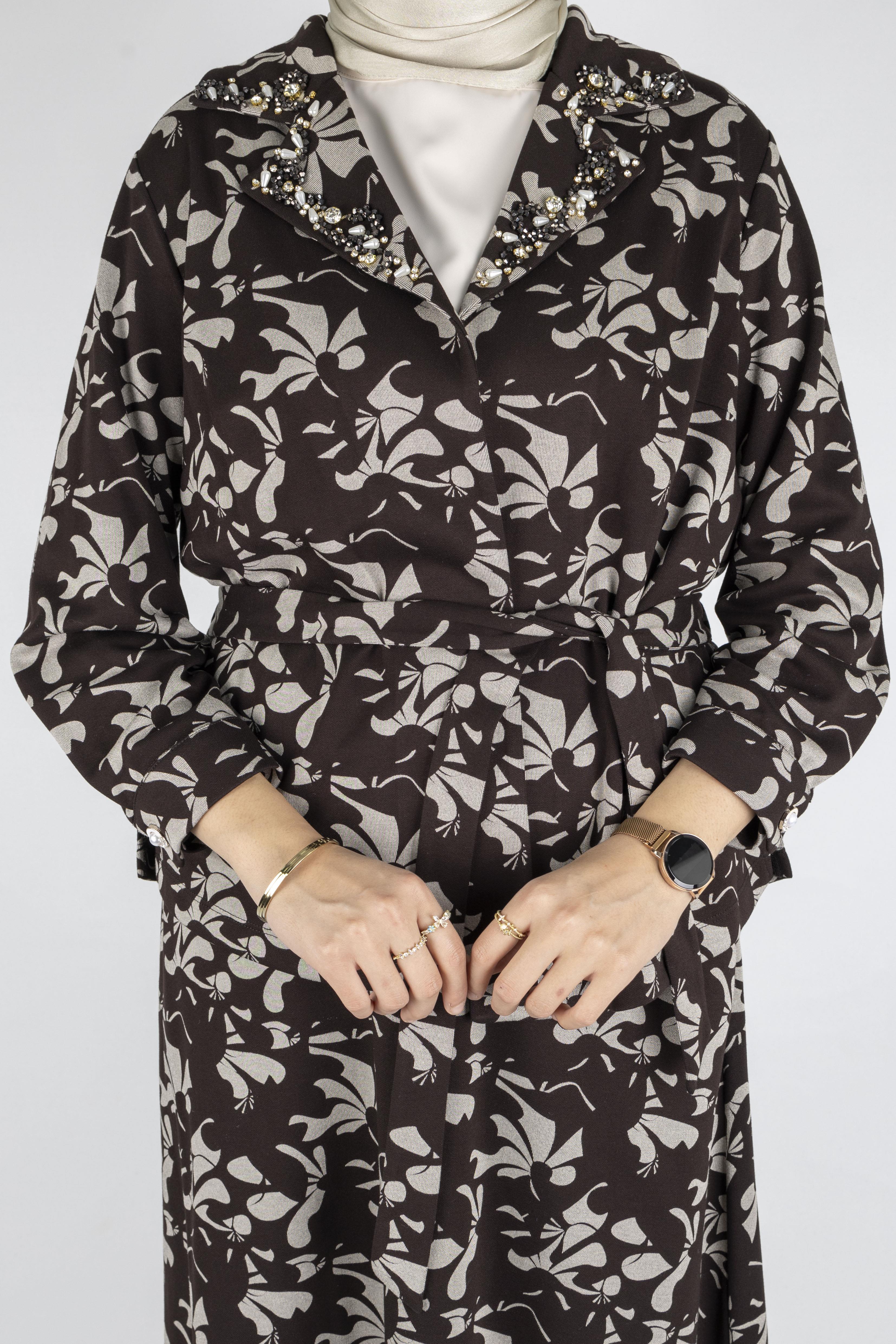 Desenli Üçlü Örme Takım Kahve-Ekru OTW4753