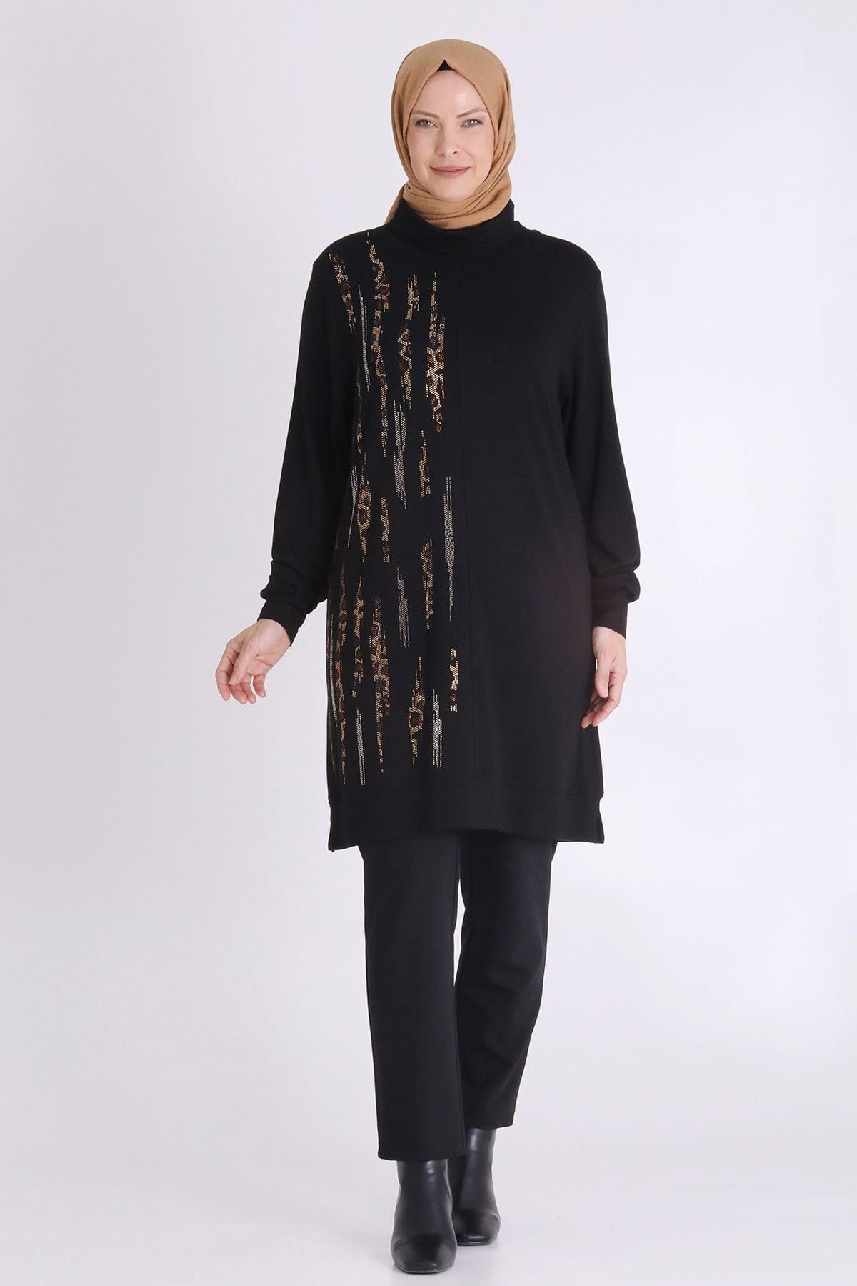 Behrem Dikey Taş İşlemeli Tesettür Tunik Siyah OTW20130