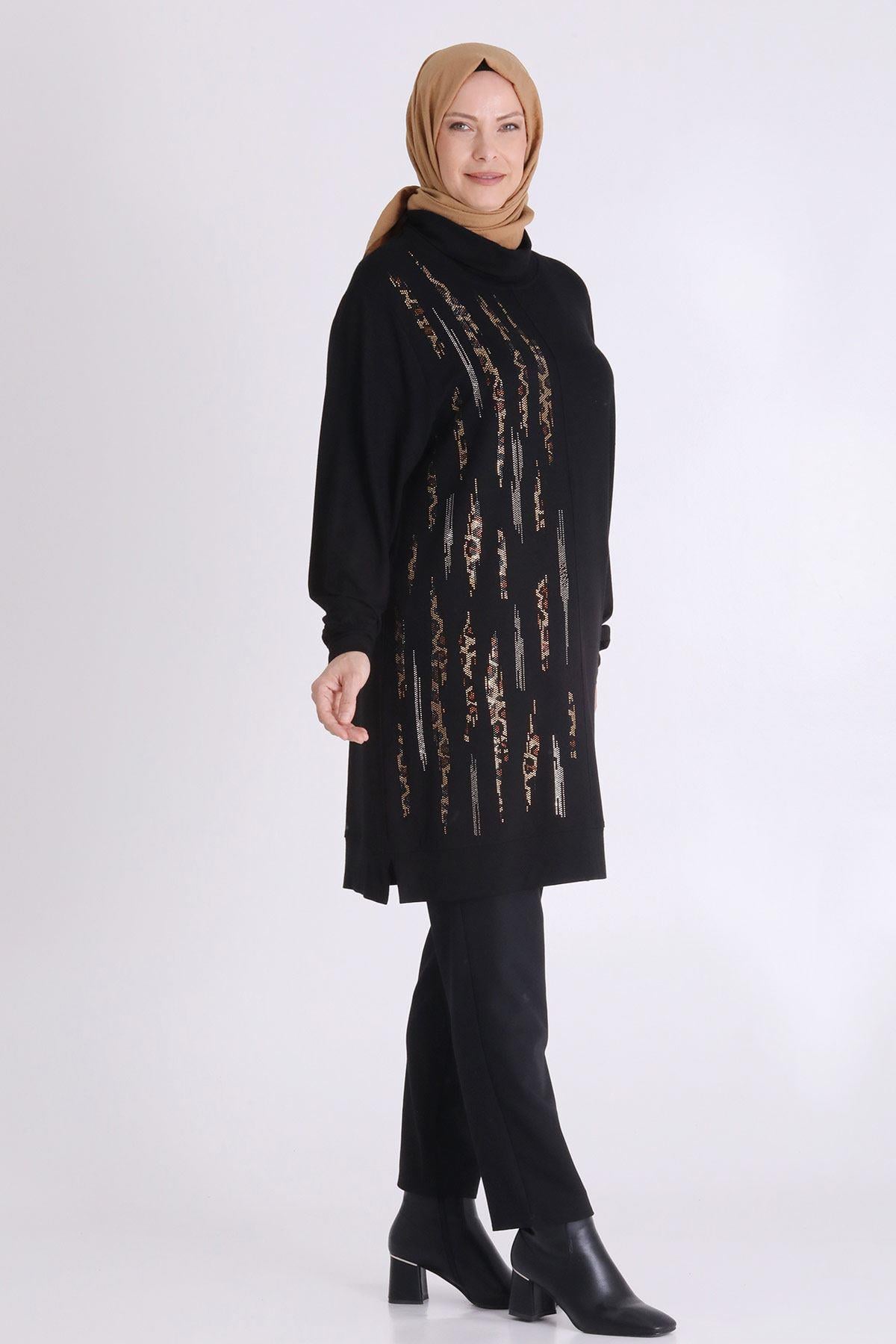 Behrem Dikey Taş İşlemeli Tesettür Tunik Siyah OTW20130