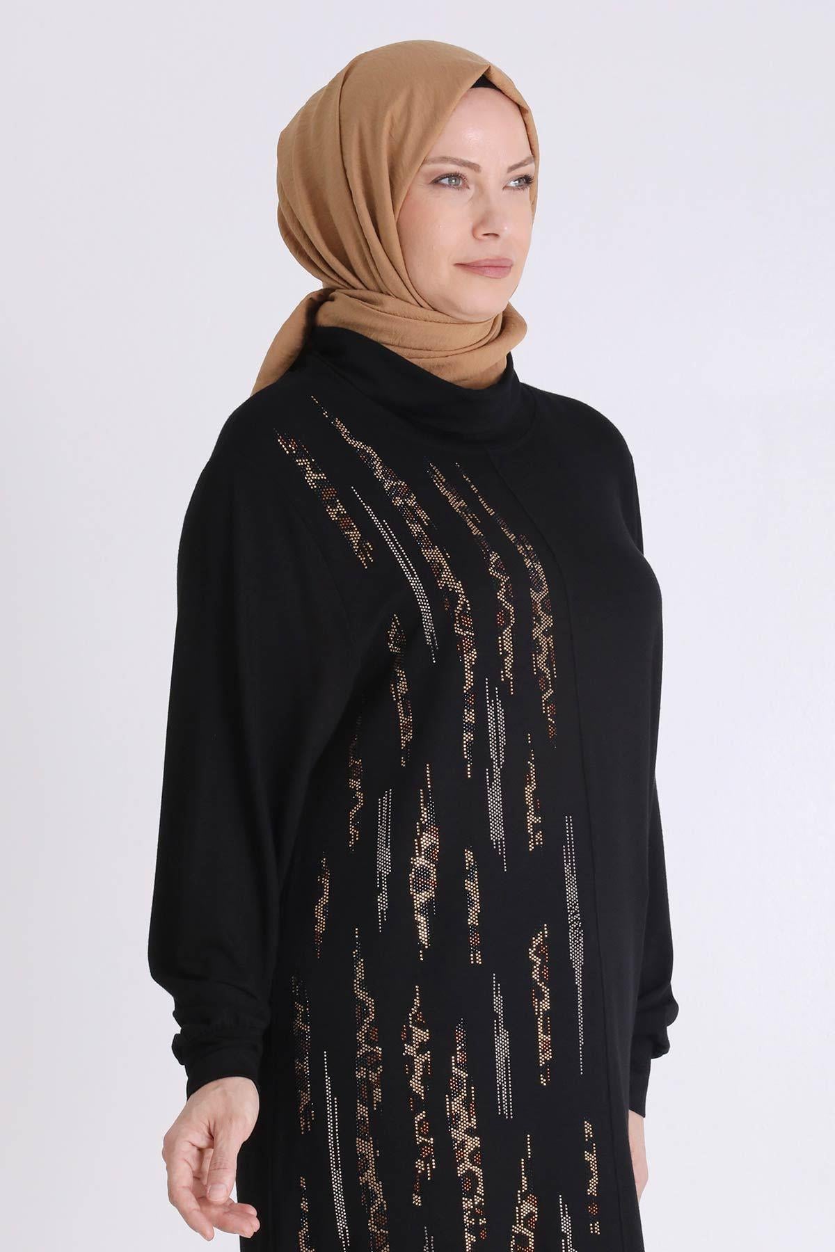 Behrem Dikey Taş İşlemeli Tesettür Tunik Siyah OTW20130