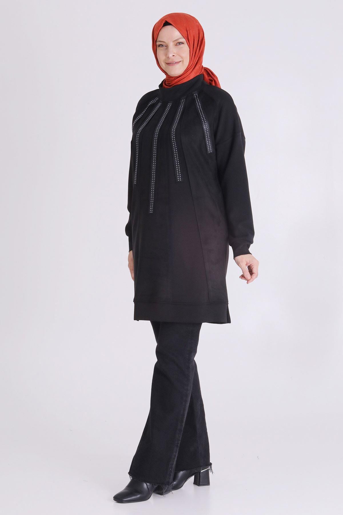 Behrem Dikey Taş Şerit Detaylı Tesettür Tunik Siyah OTW20124