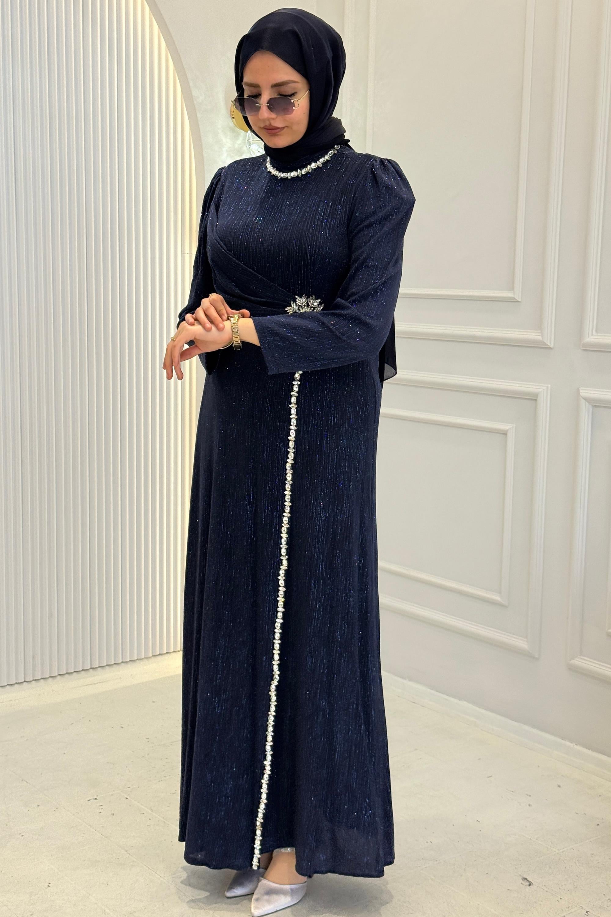 Drapeli Taş İşlemeli Abiye Elbise Lacivert OTW4781