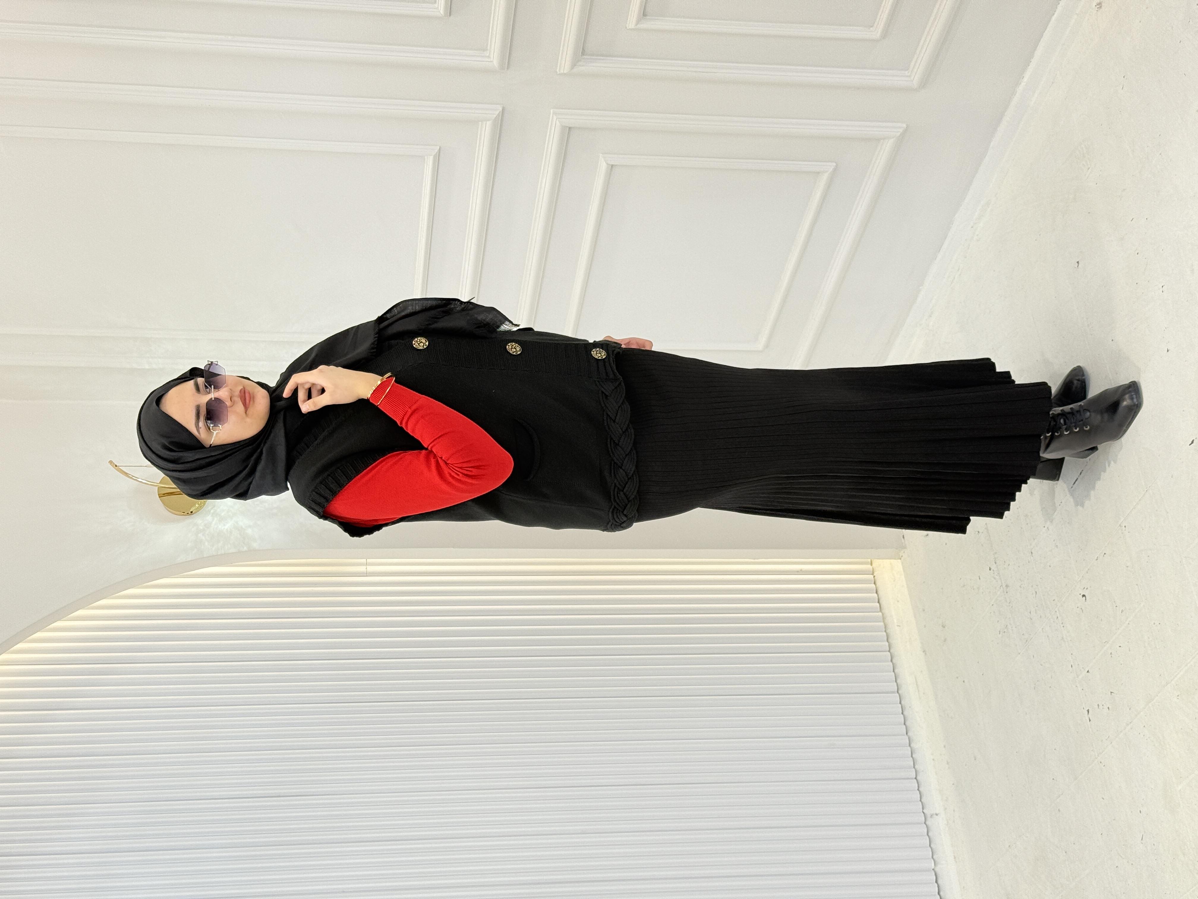 Düğme Detaylı Büyük Beden Örme Triko Yelek Siyah OTW5750