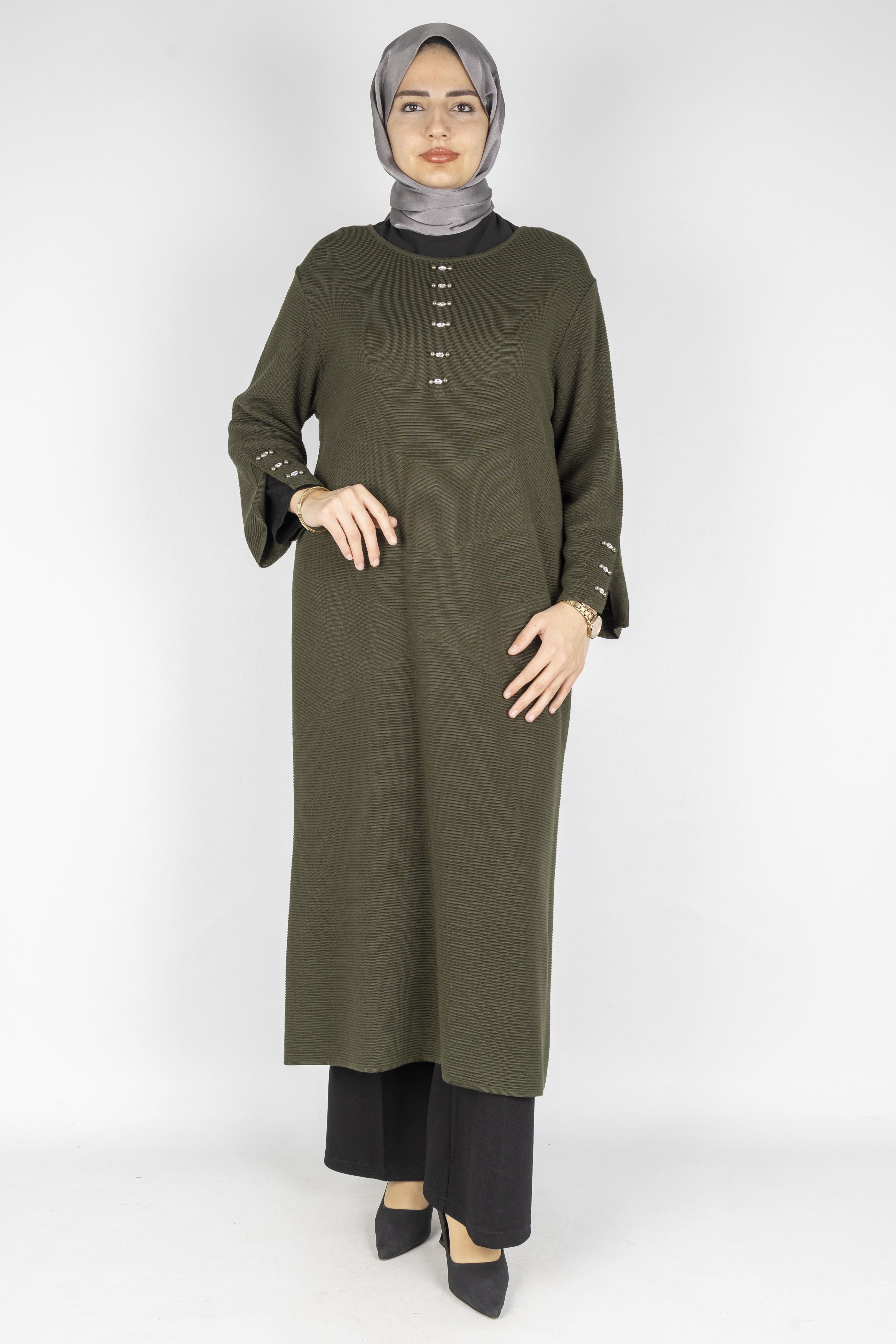 Düğme Detaylı Çelik Örme Uzun Büyük Beden Elbise&Tunik Haki OTW14436