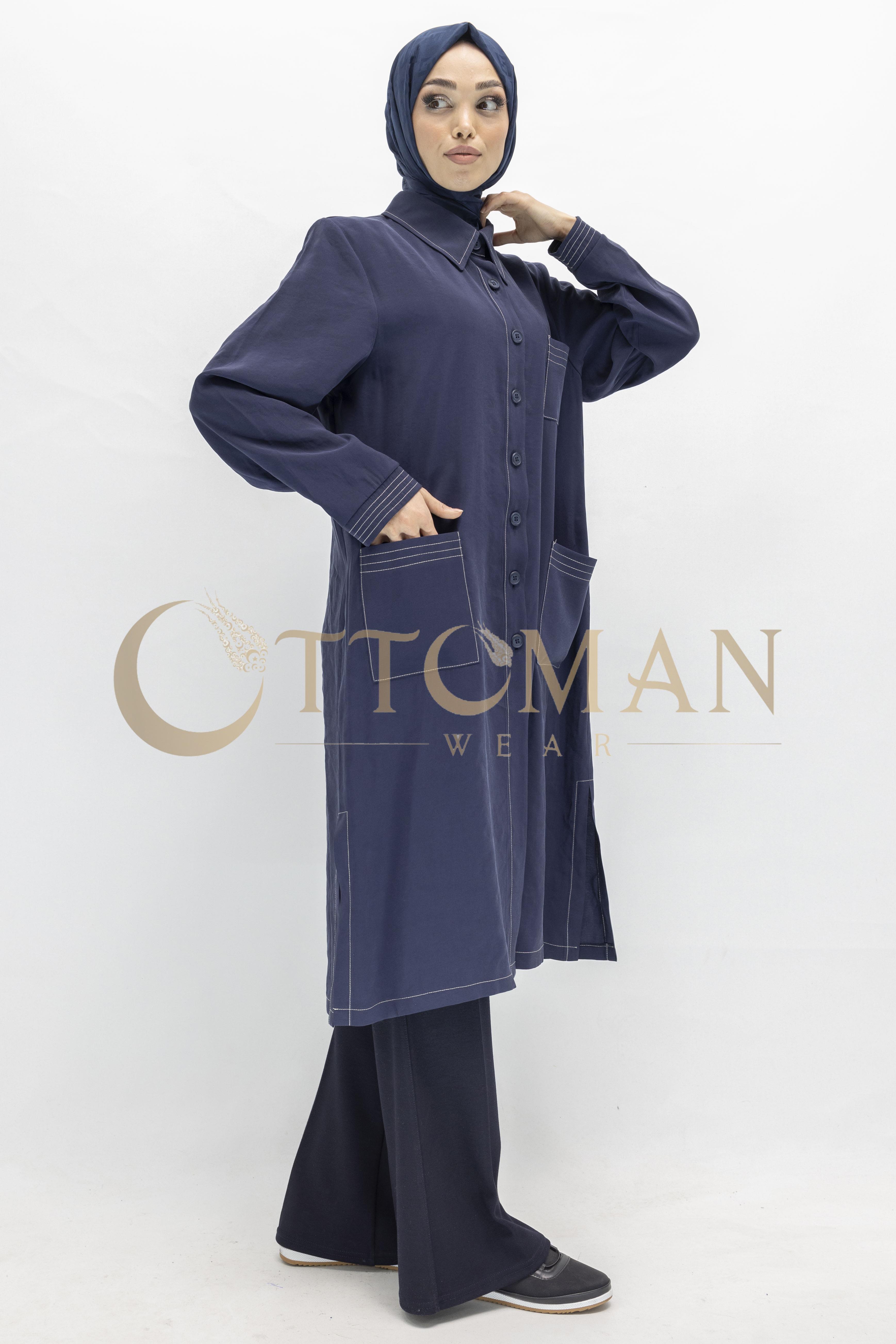 Düğme Detaylı Tencel Kumaş Büyük Beden Kap Lacivert OTW25217