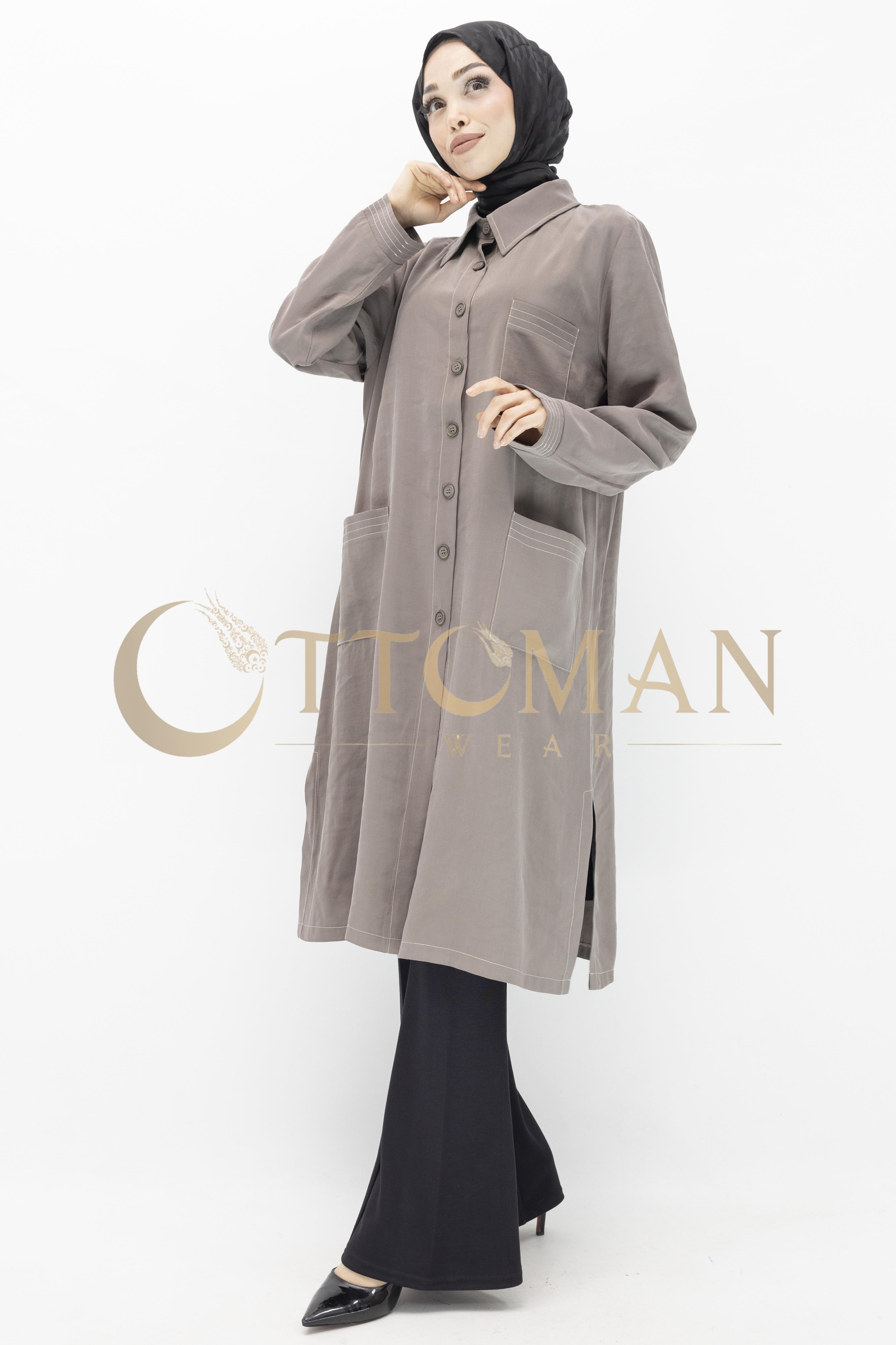 Düğme Detaylı Tencel Kumaş Büyük Beden Kap Vizon OTW25217