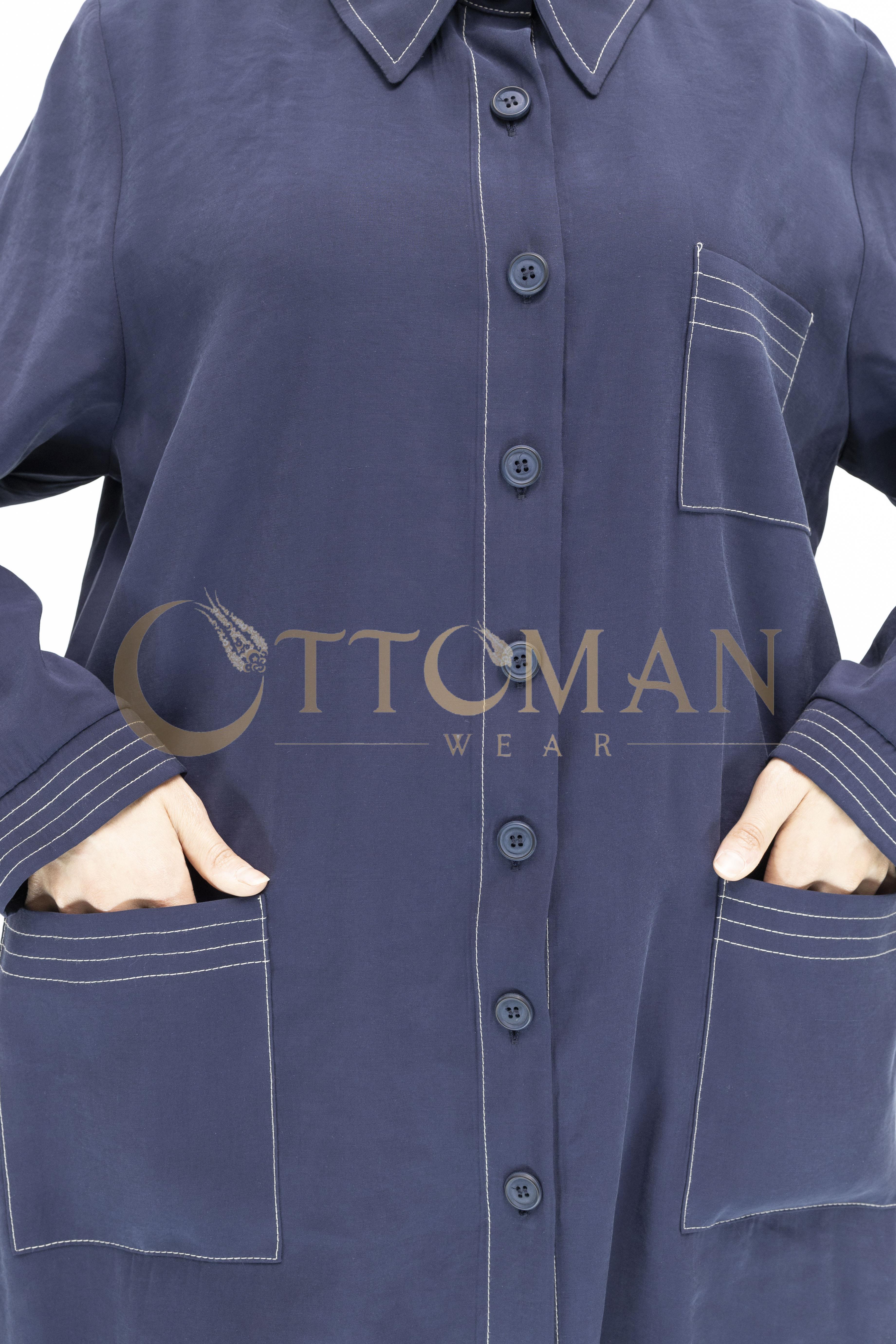 Düğme Detaylı Tencel Kumaş Büyük Beden Kap Lacivert OTW25217