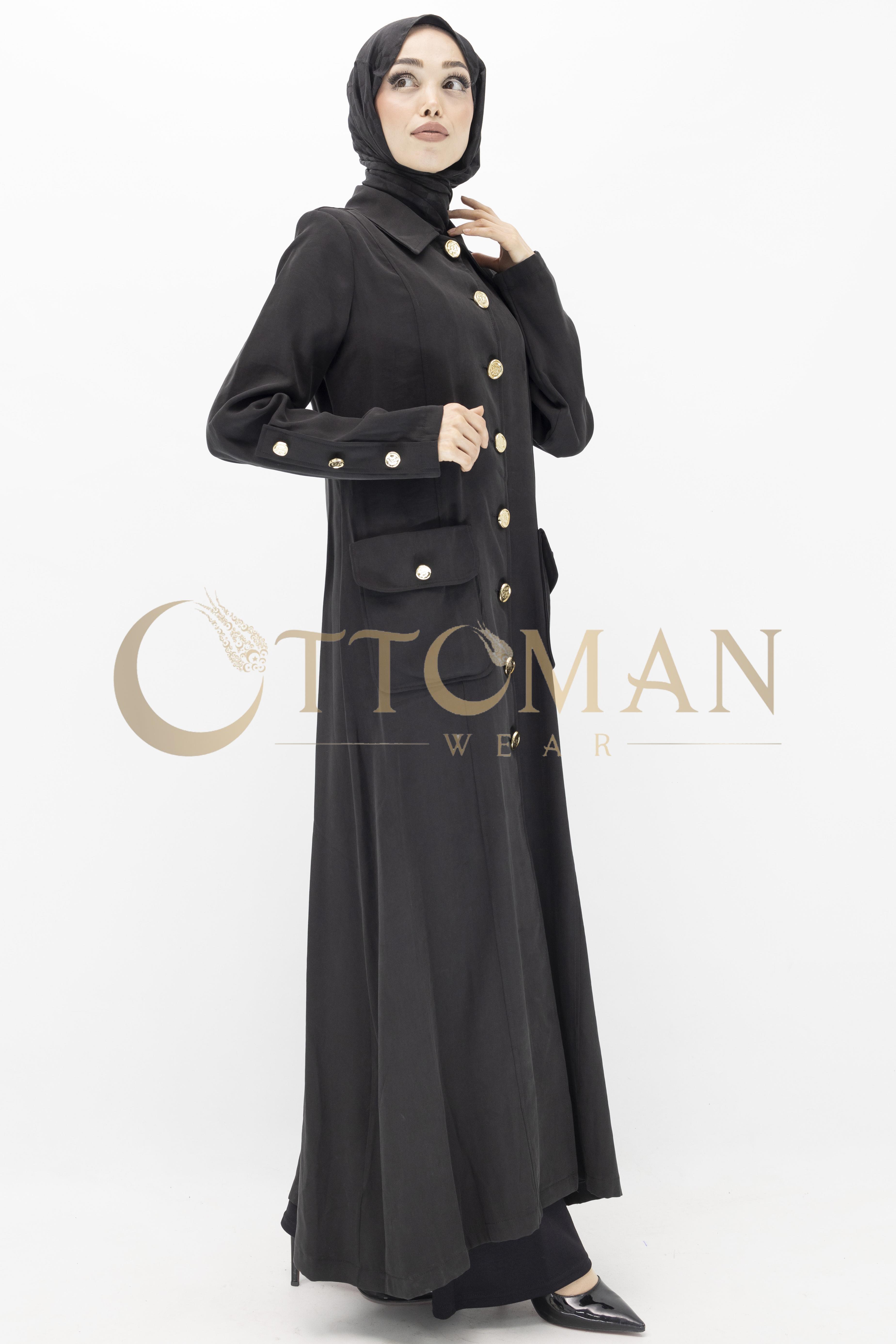 Düğme Detaylı Tencel Kumaş Büyük Beden Kap Siyah OTW36282