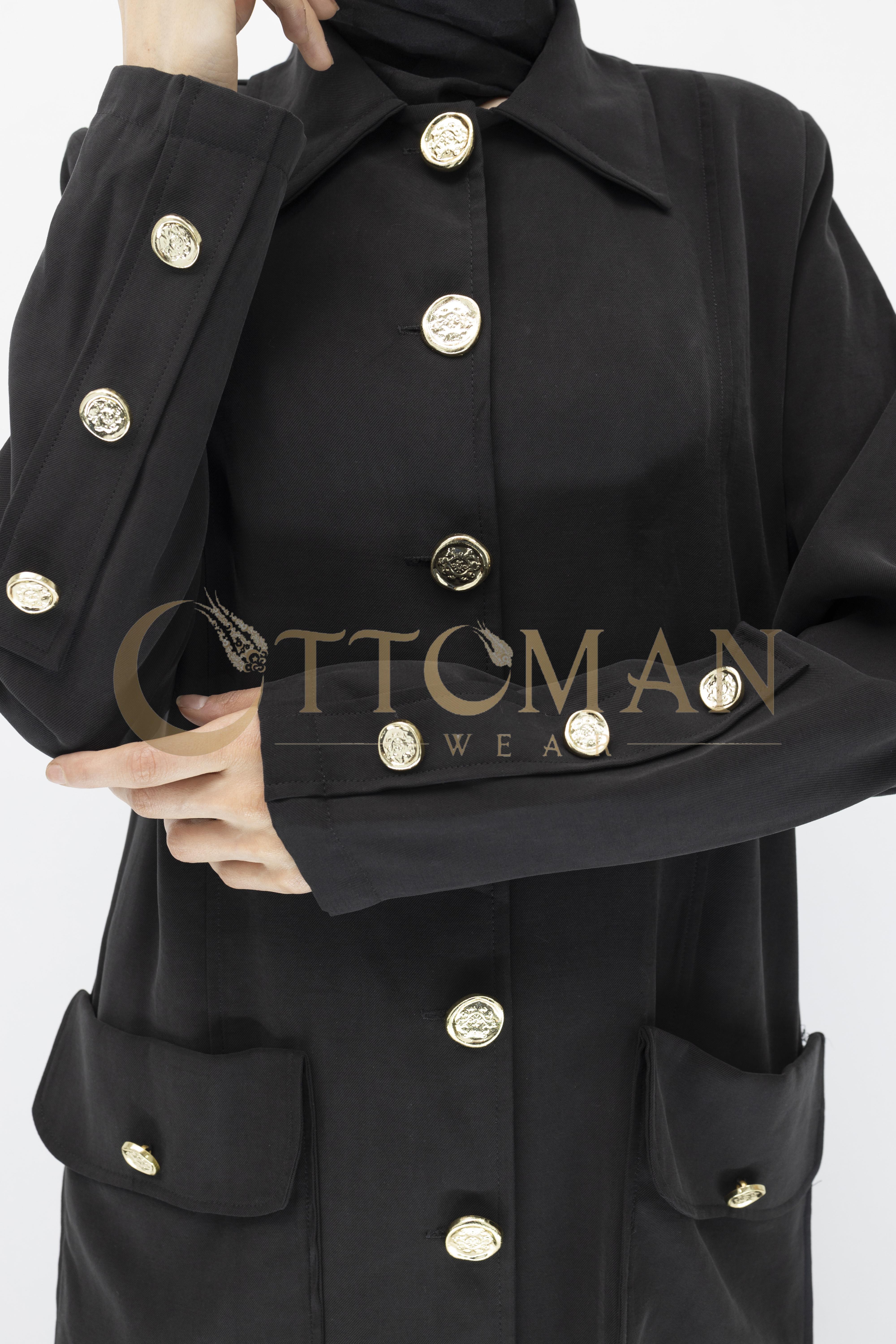 Düğme Detaylı Tencel Kumaş Büyük Beden Kap Siyah OTW36282