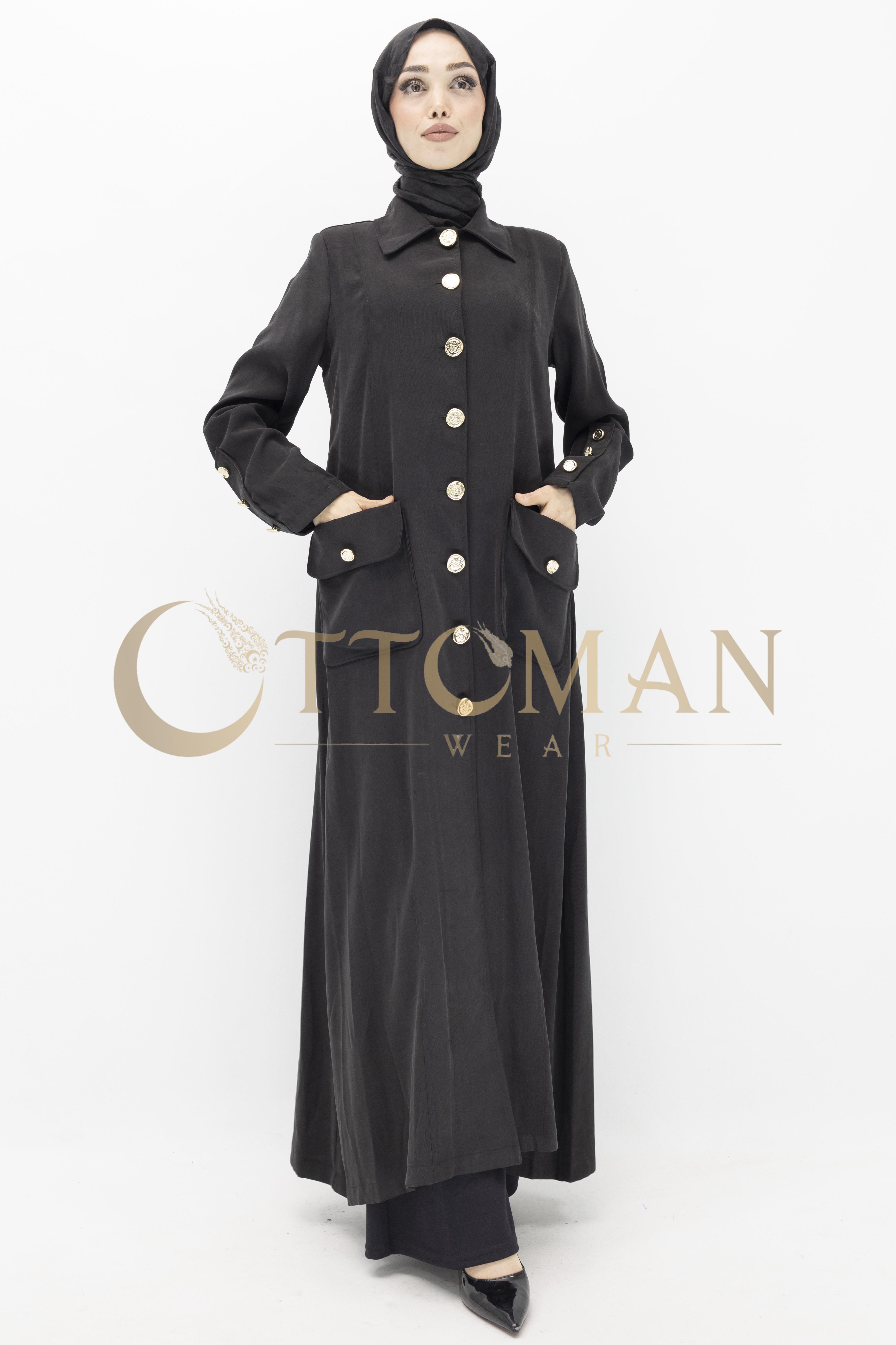 Düğme Detaylı Tencel Kumaş Büyük Beden Kap Siyah OTW36282