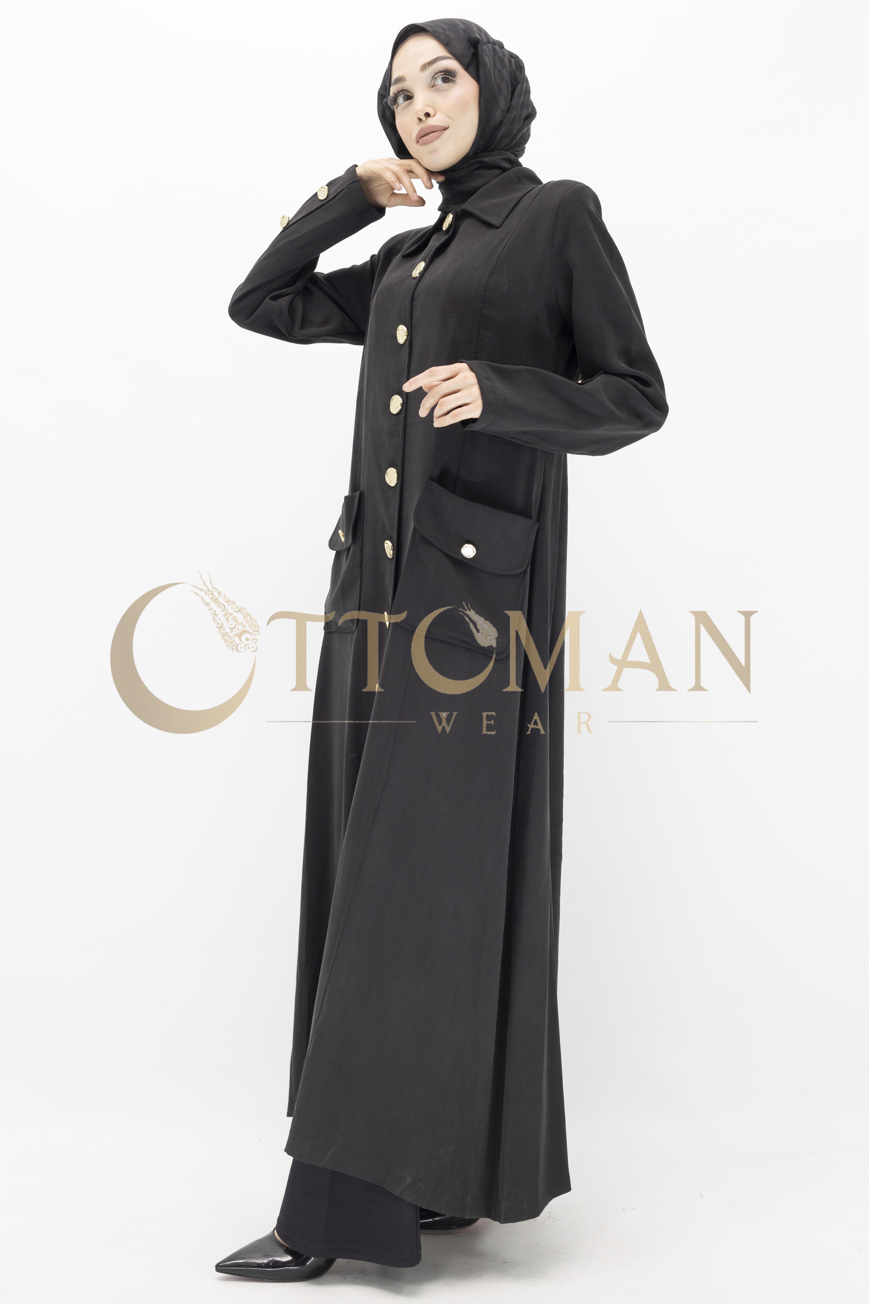 Düğme Detaylı Tencel Kumaş Büyük Beden Kap Siyah OTW36282