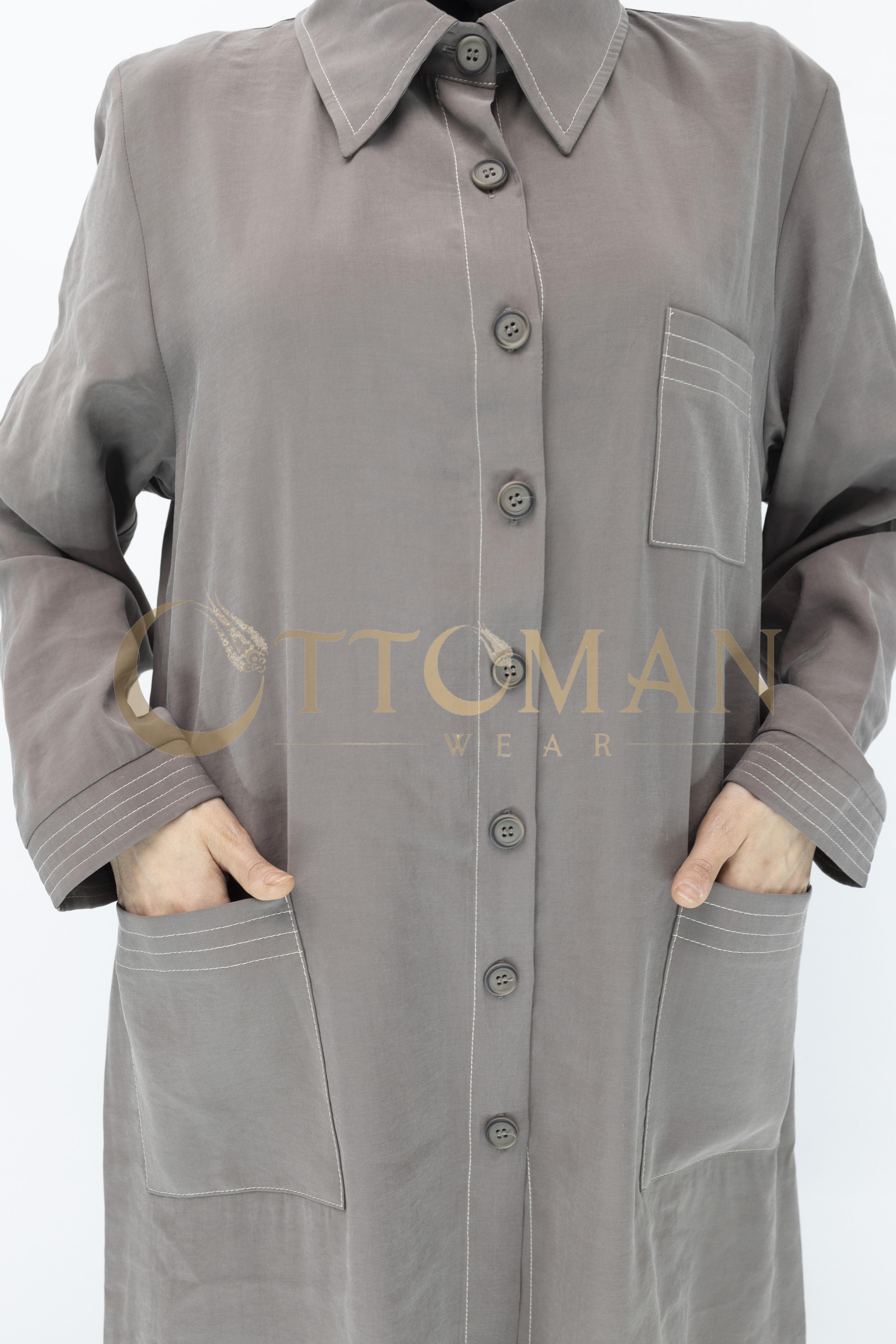 Düğme Detaylı Tencel Kumaş Büyük Beden Kap Vizon OTW25217