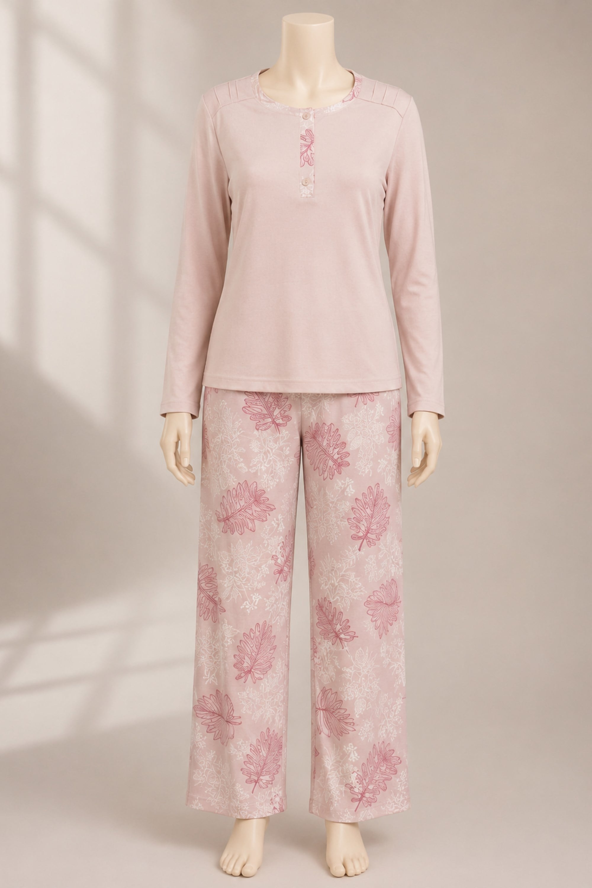 Düğme Detaylı Uzun Kollu Pijama Takımı Pembe OTW1468