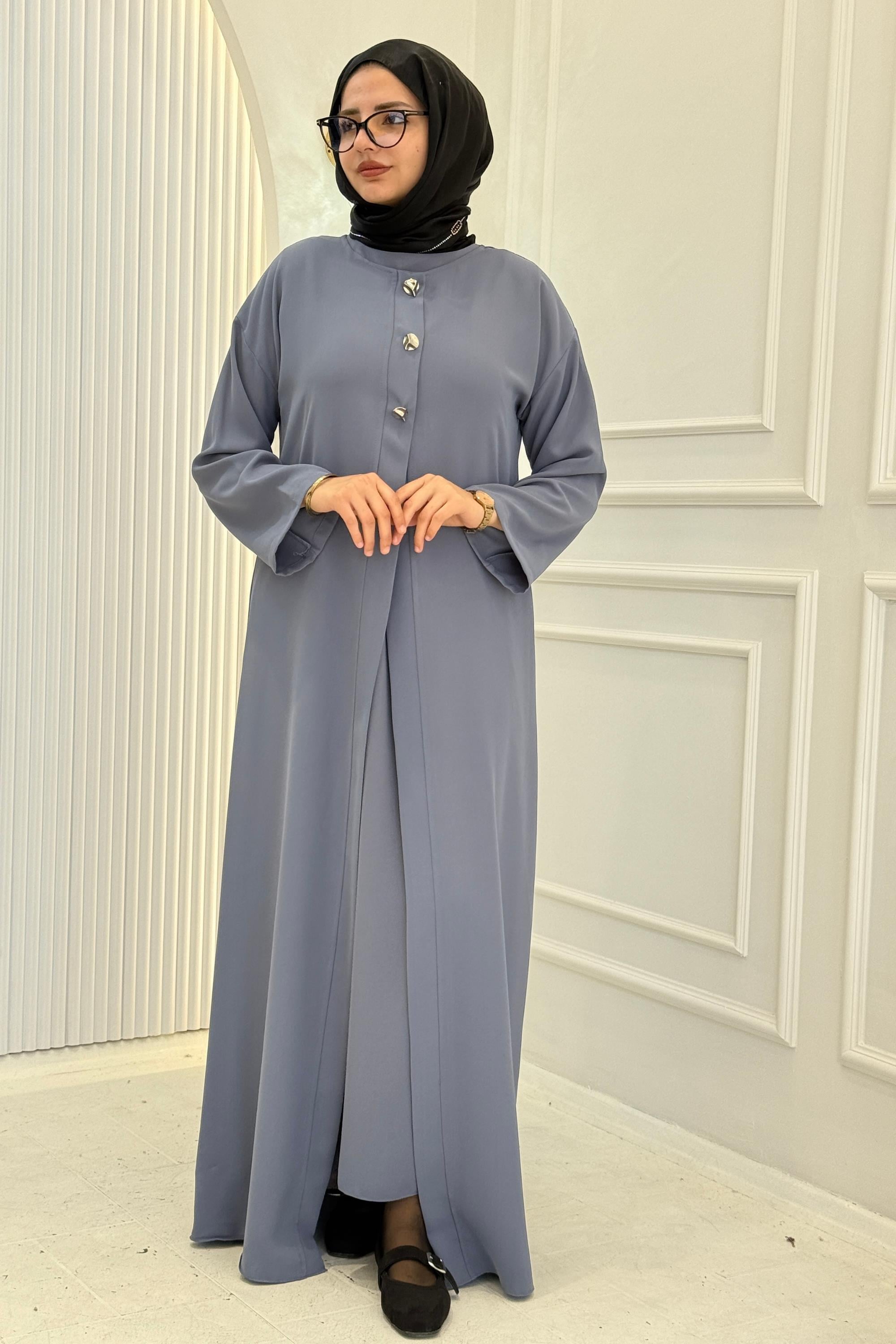 Düğmeli Detaylı Abaya Takım Lavanta OTW8631