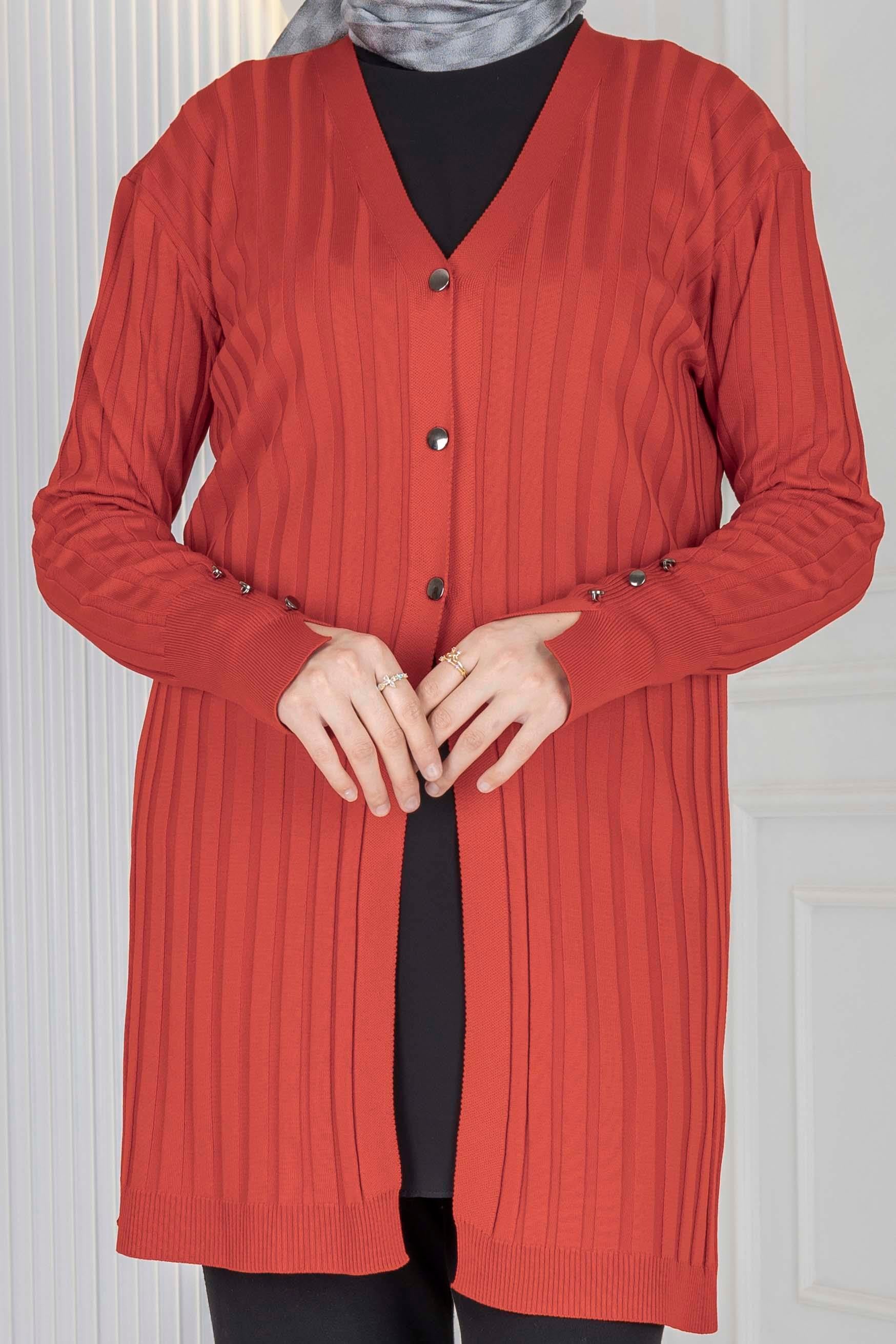 Düğmeli Fitilli Triko Hırka Kırmızı OTW1032