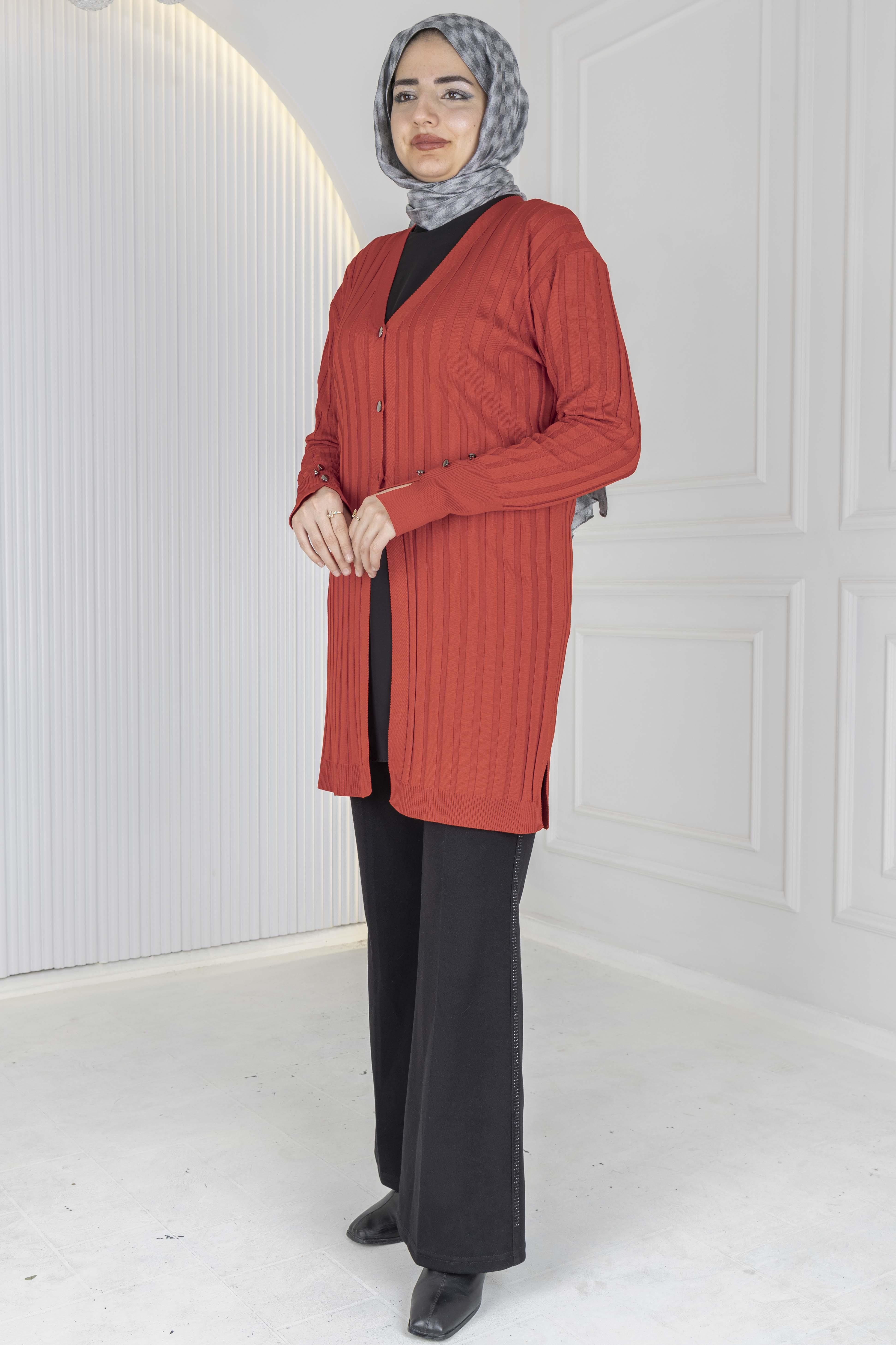 Düğmeli Fitilli Triko Hırka Kırmızı OTW1032