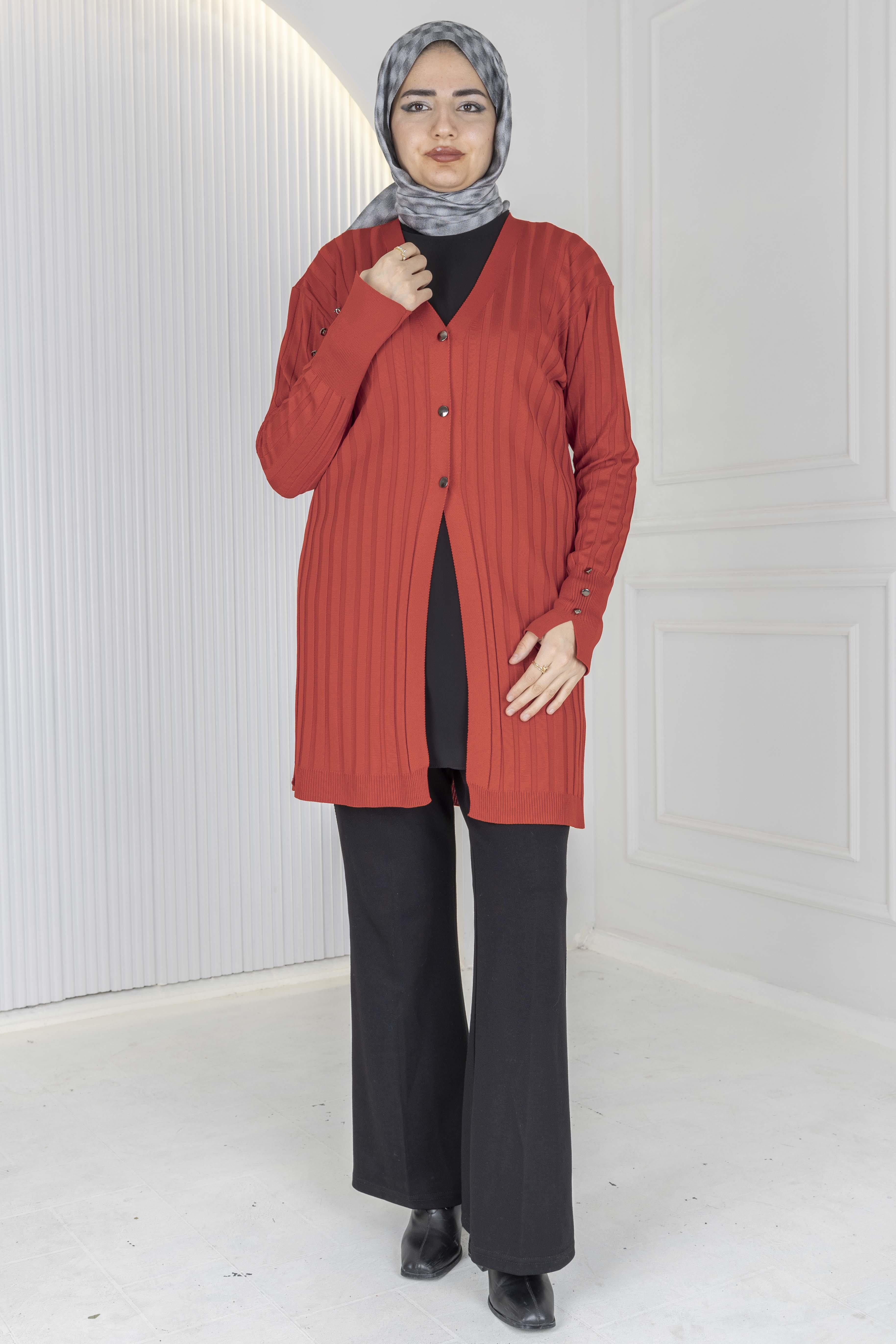 Düğmeli Fitilli Triko Hırka Kırmızı OTW1032