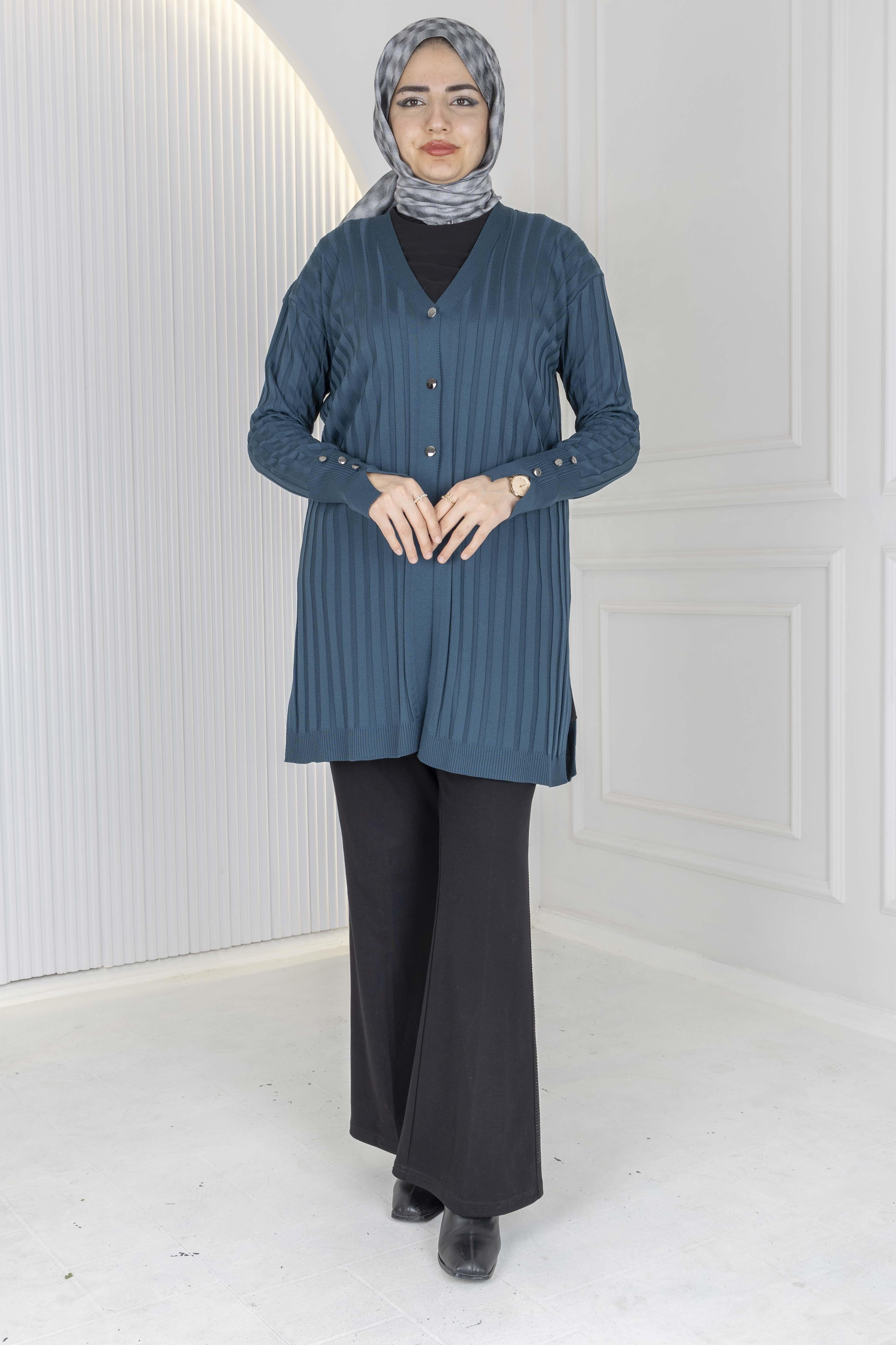 Düğmeli Fitilli Triko Hırka Nefti OTW1032