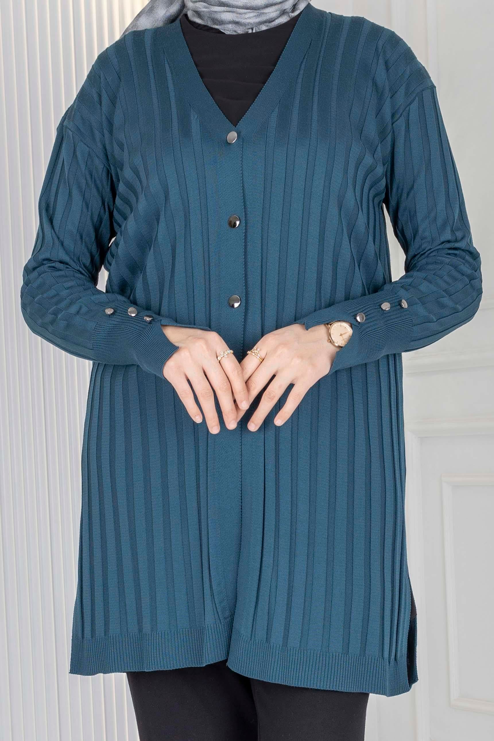 Düğmeli Fitilli Triko Hırka Nefti OTW1032