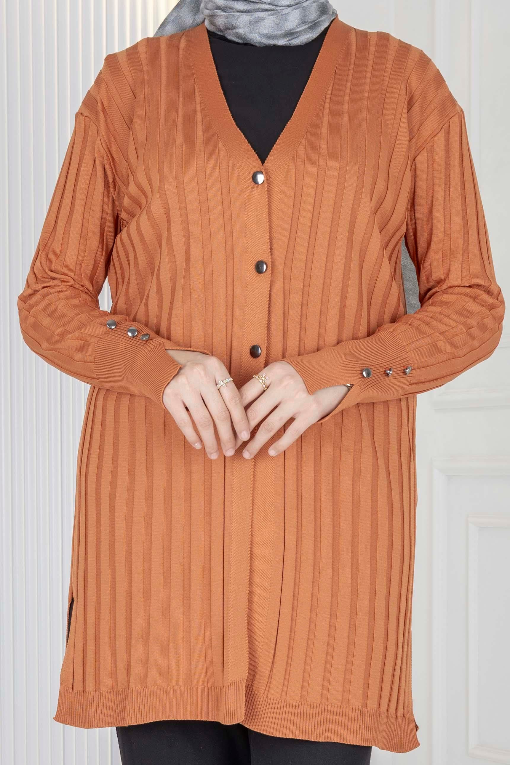 Düğmeli Fitilli Triko Hırka Oranj OTW1032