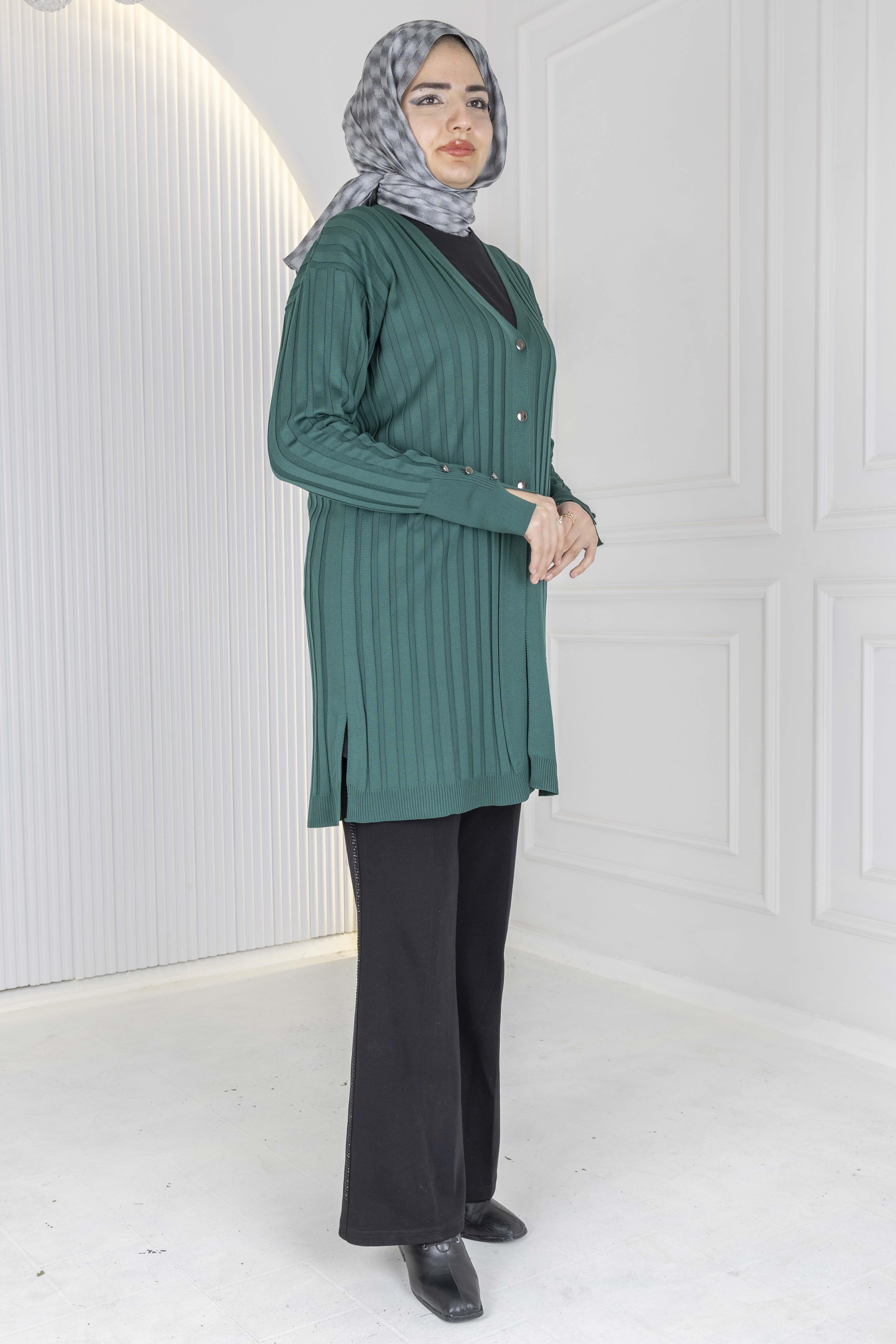 Düğmeli Fitilli Triko Hırka Zümrüt OTW1032