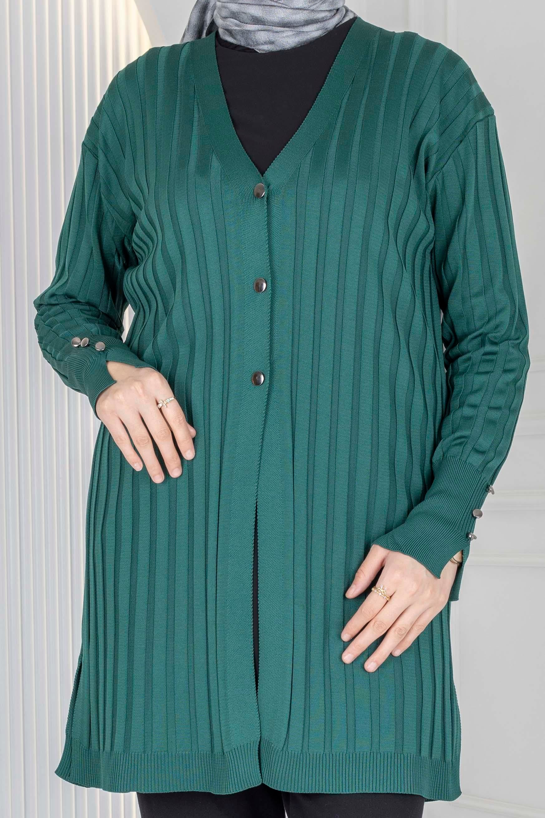 Düğmeli Fitilli Triko Hırka Zümrüt OTW1032