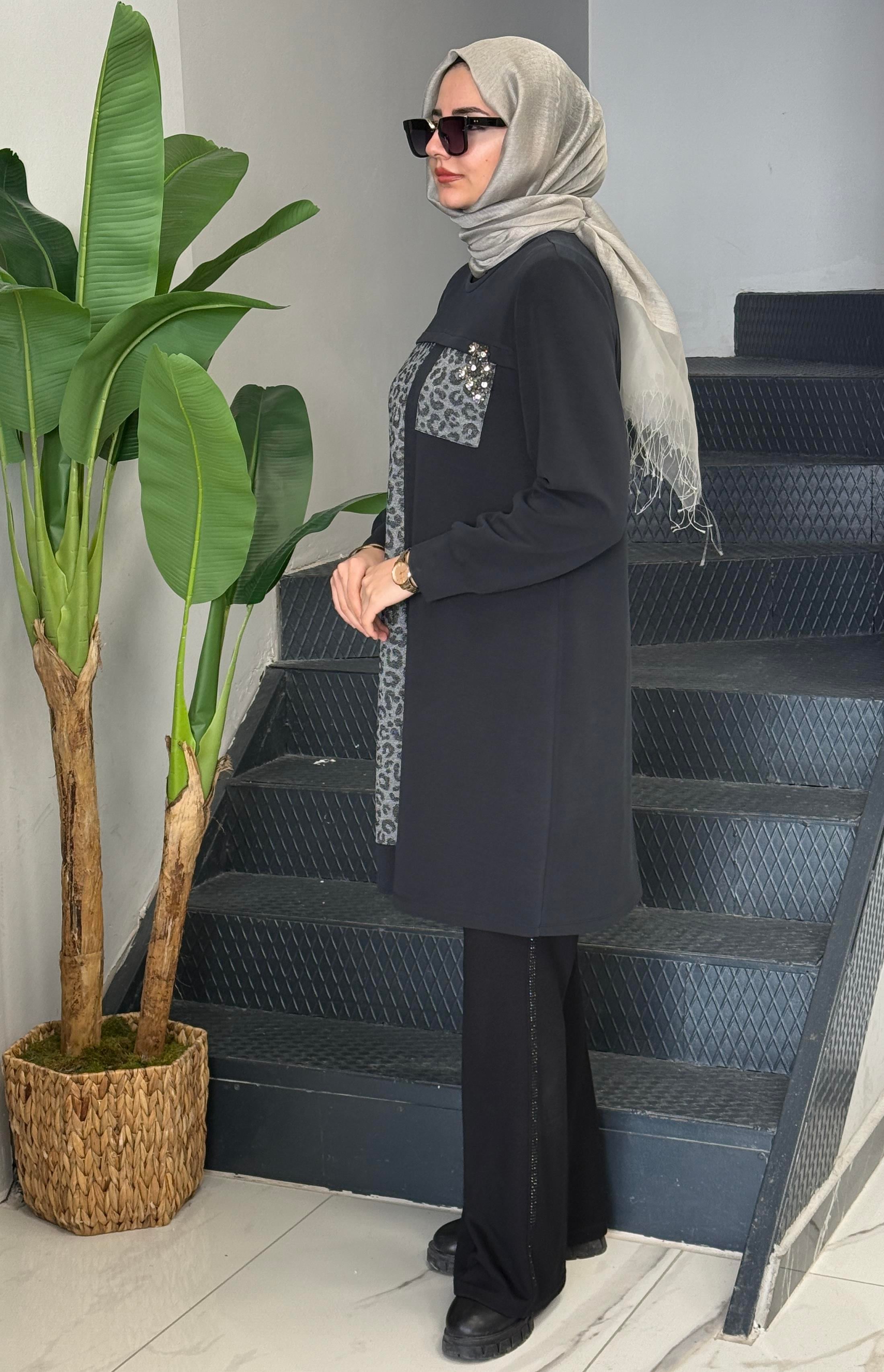 Dule Büyük Beden Leoparlı Tunik Antrasit OTW207