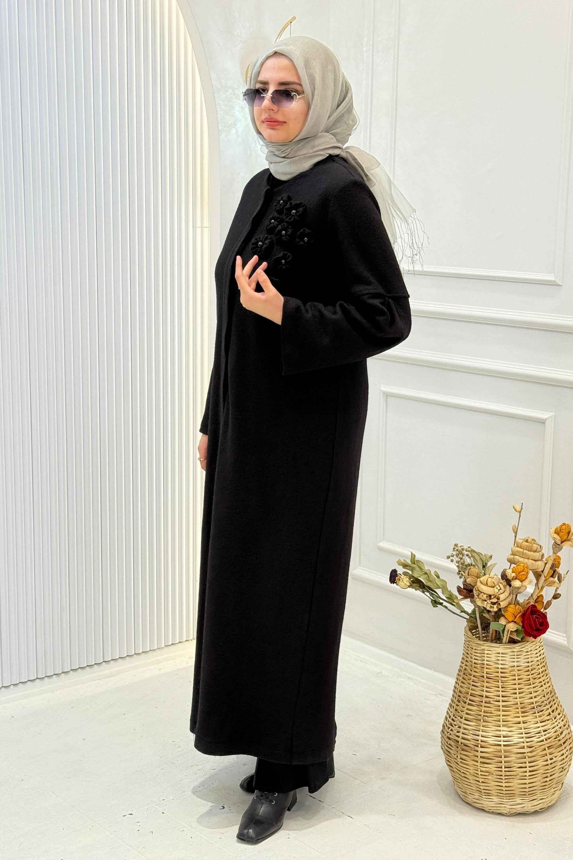 Dule Çiçekli Keçe Ferace Siyah OTW475