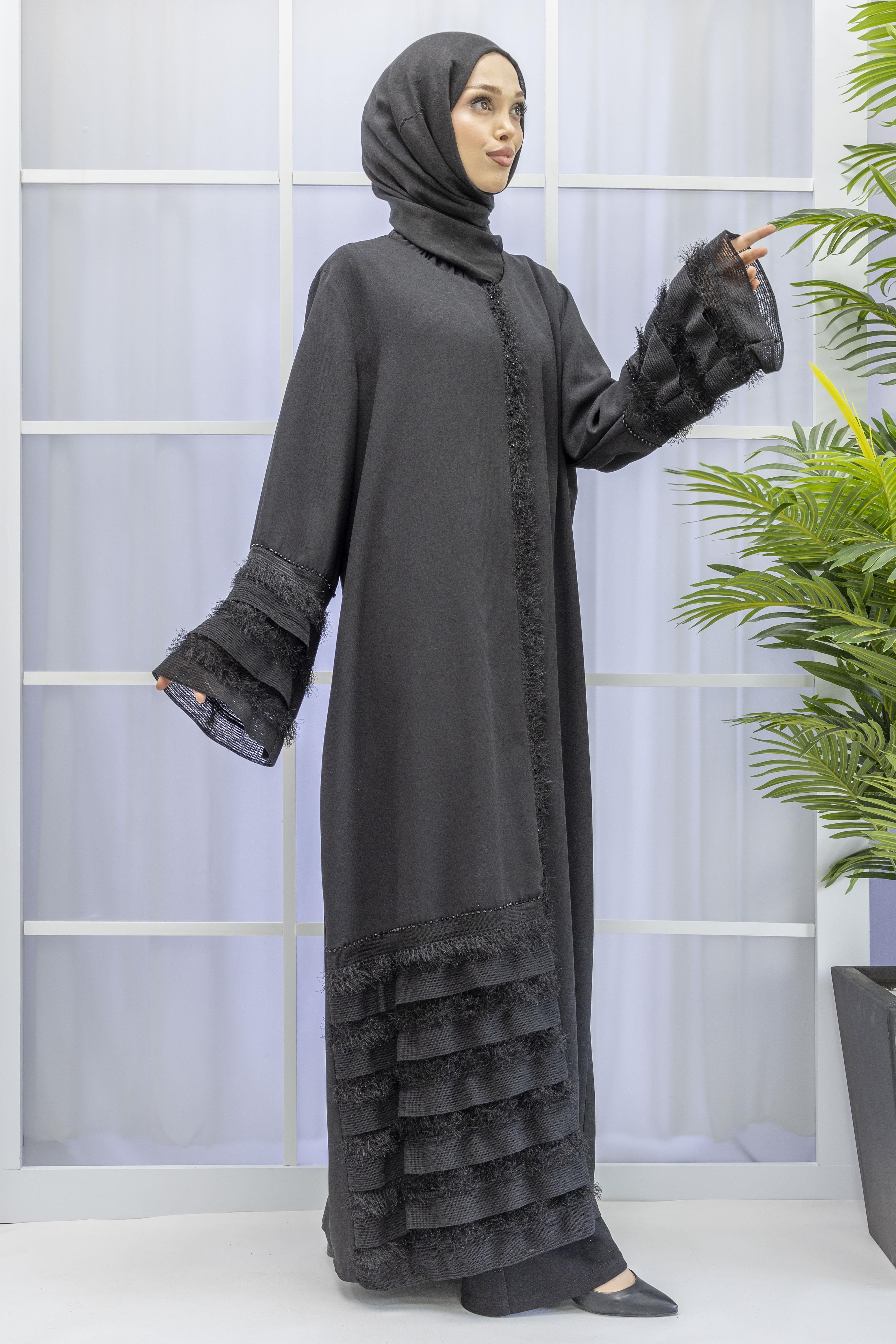 DULE SAÇAKLI KREP KUMAŞ FERACE Siyah OTW476