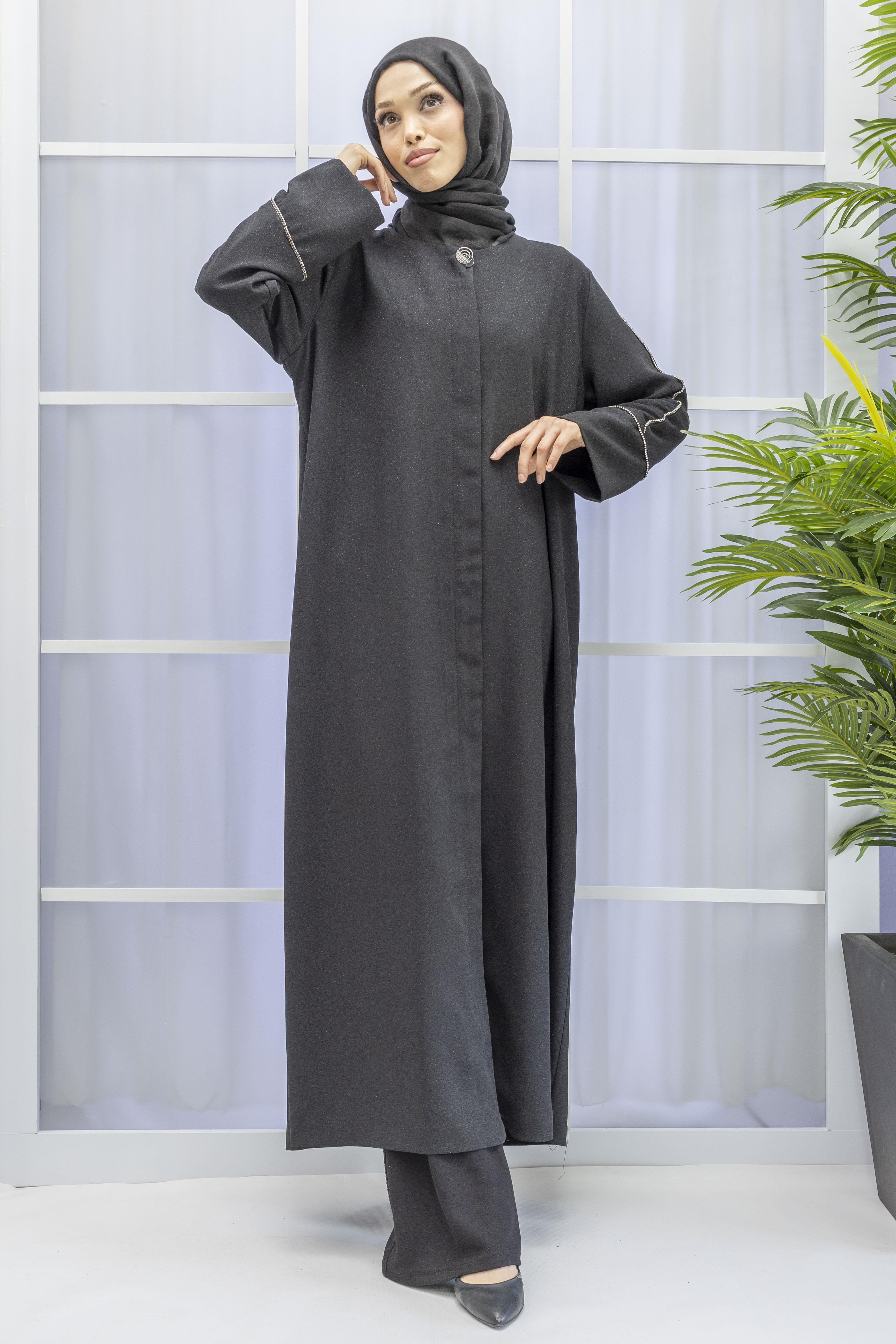 DULE TAŞLI KREP PARDESÜ Siyah OTW451