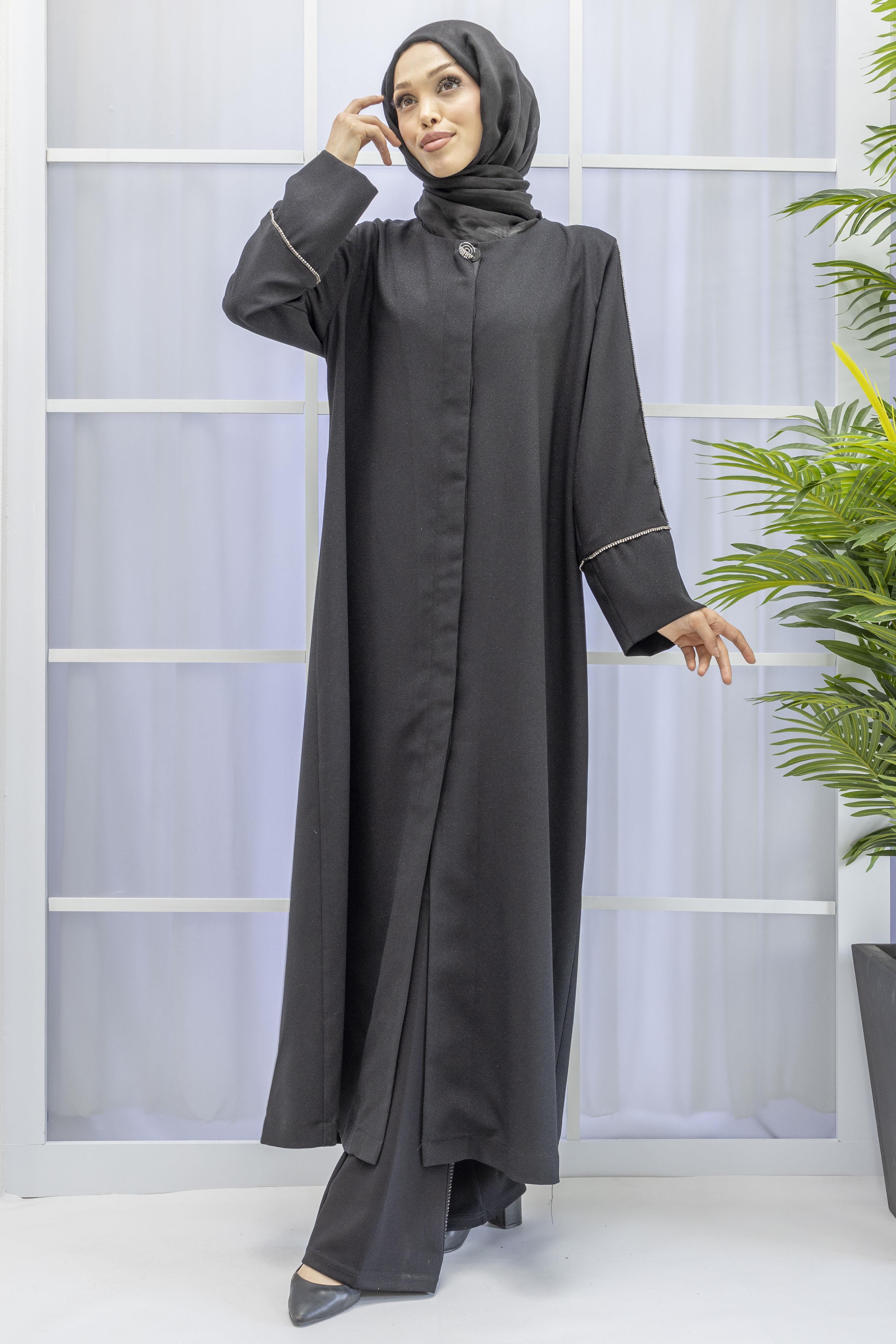 DULE TAŞLI KREP PARDESÜ Siyah OTW451