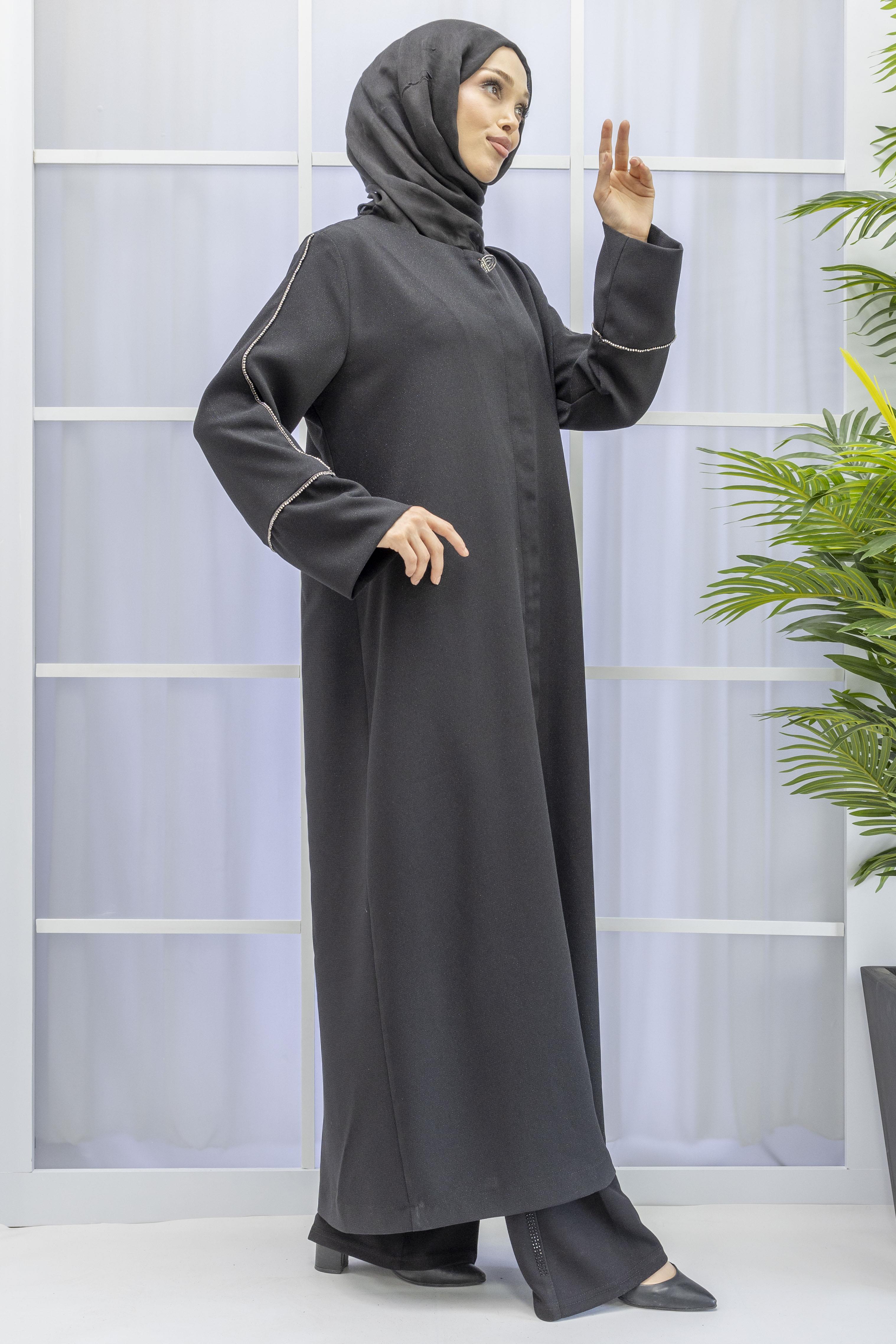 DULE TAŞLI KREP PARDESÜ Siyah OTW451