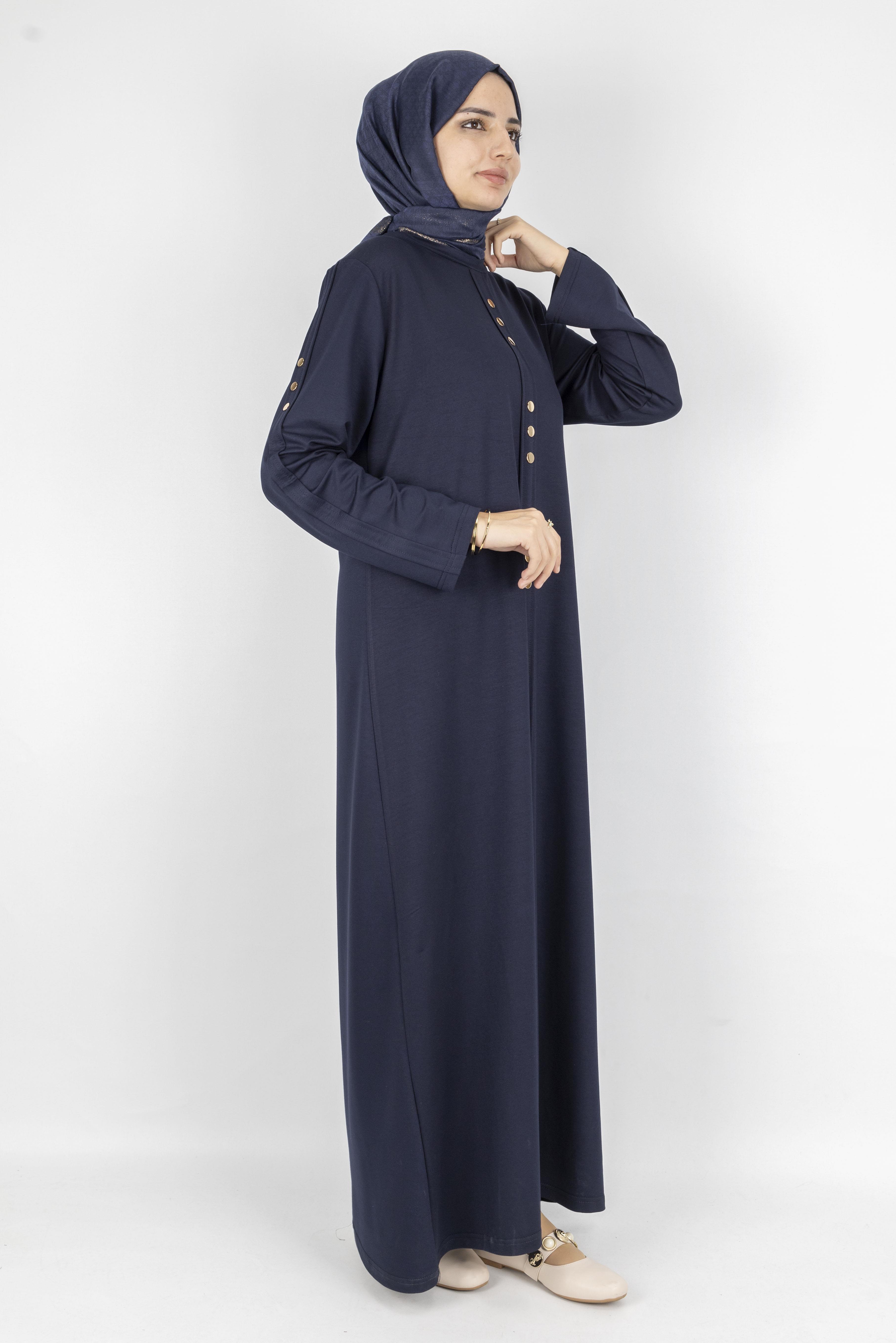 Düz Renk Modern Stil Düğmeli Tesettür Elbise Lacivert OTW2205