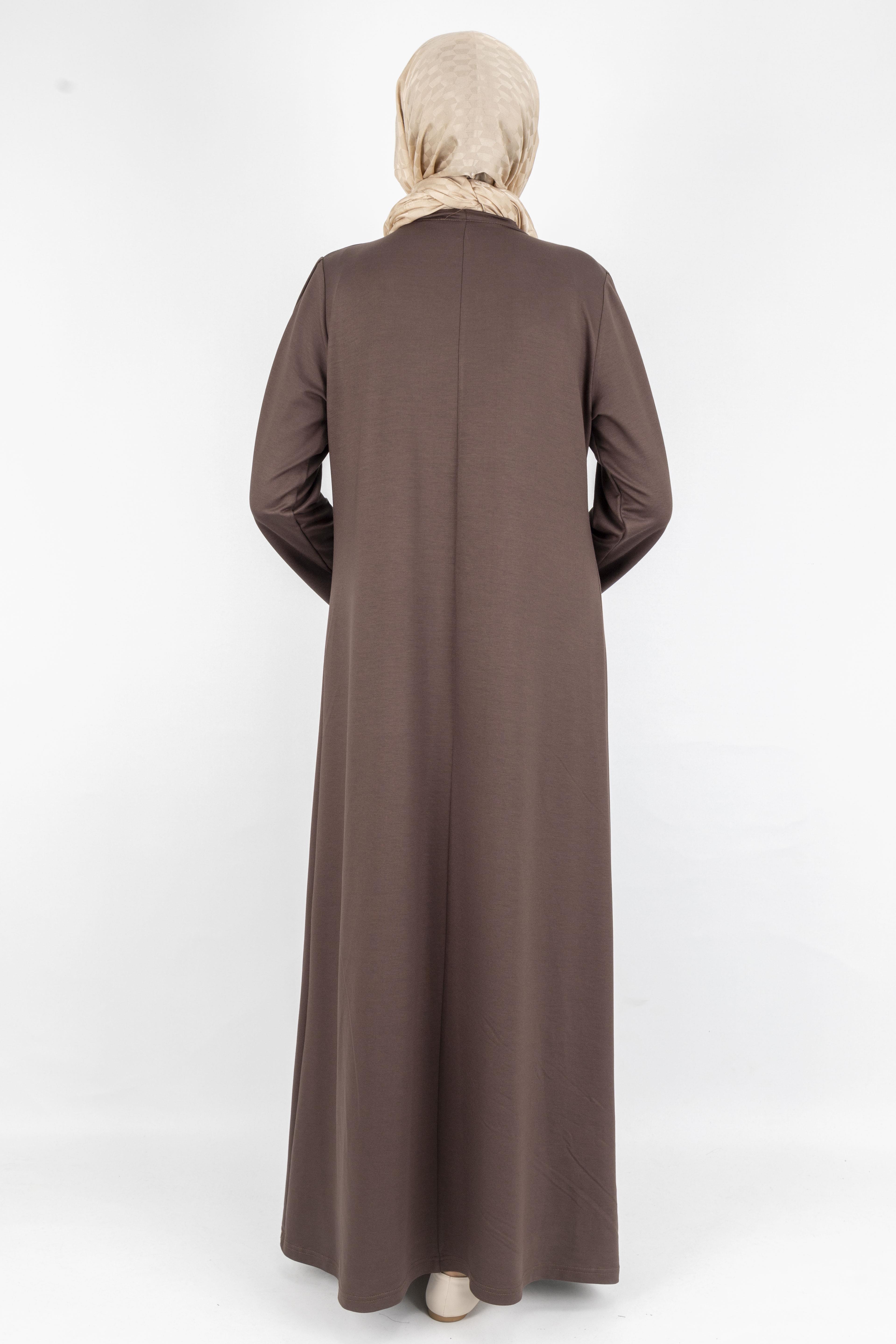 Düz Renk Modern Stil Düğmeli Tesettür Elbise Kahve OTW2205