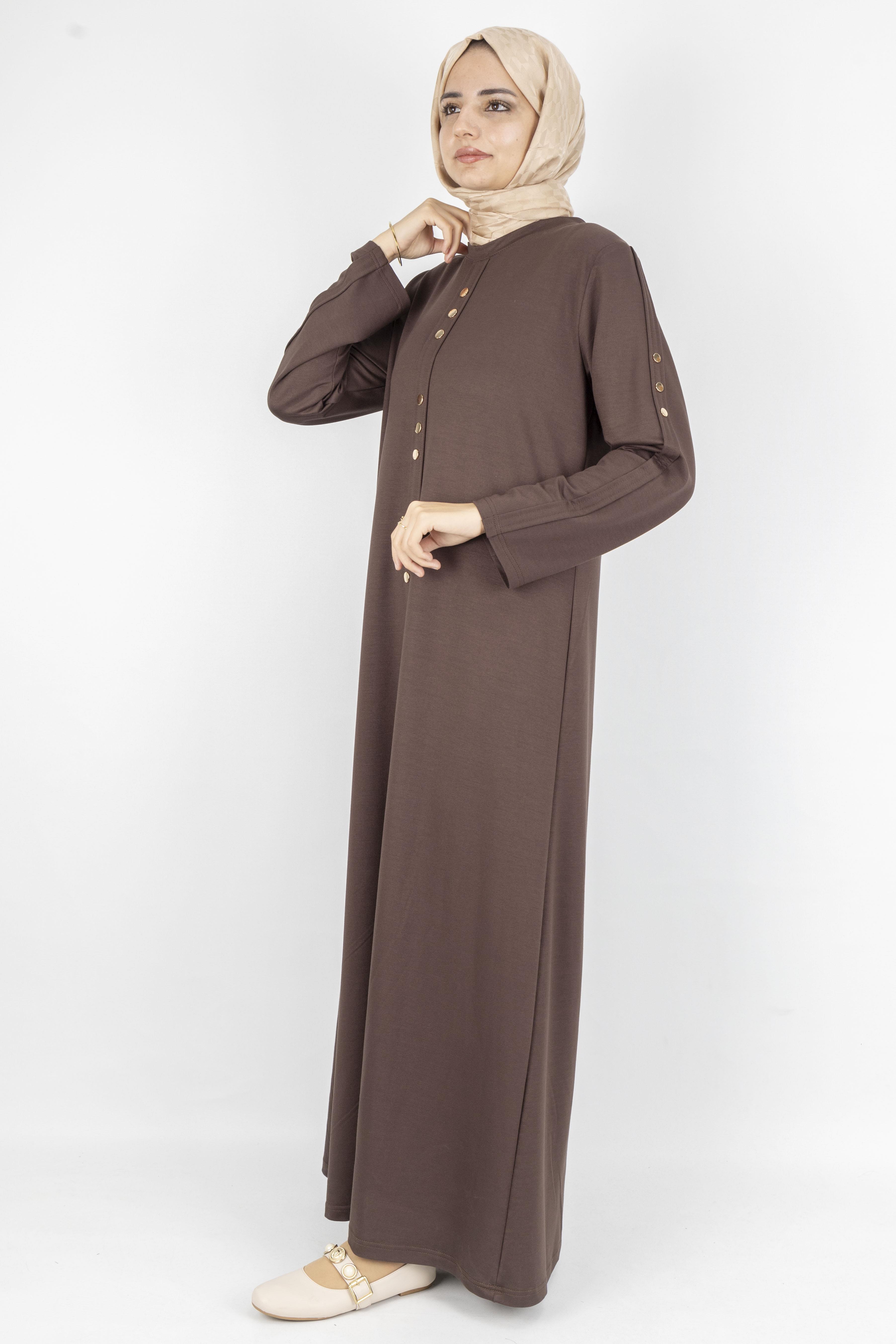 Düz Renk Modern Stil Düğmeli Tesettür Elbise Kahve OTW2205