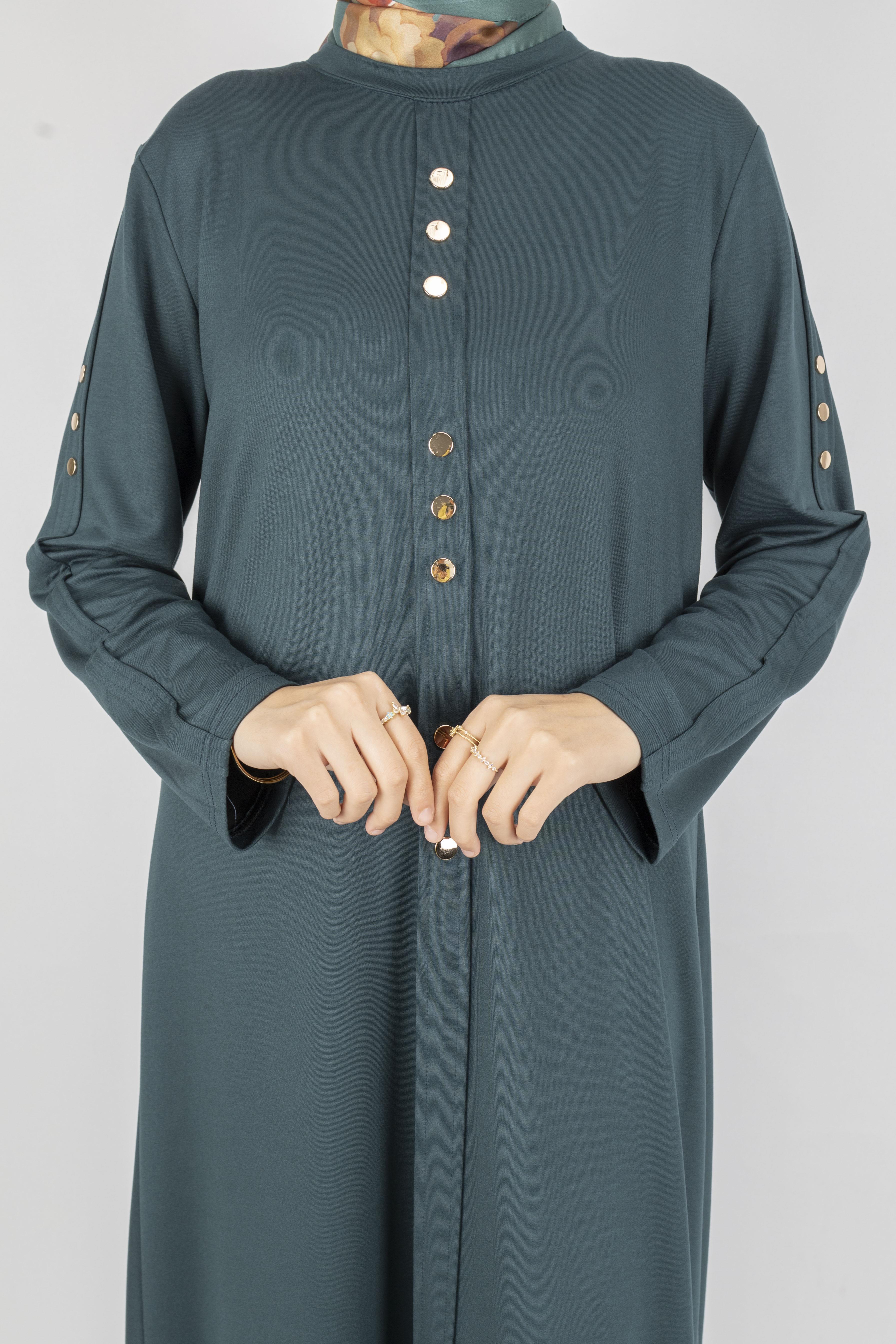 Düz Renk Modern Stil Düğmeli Tesettür Elbise Petrol OTW2205
