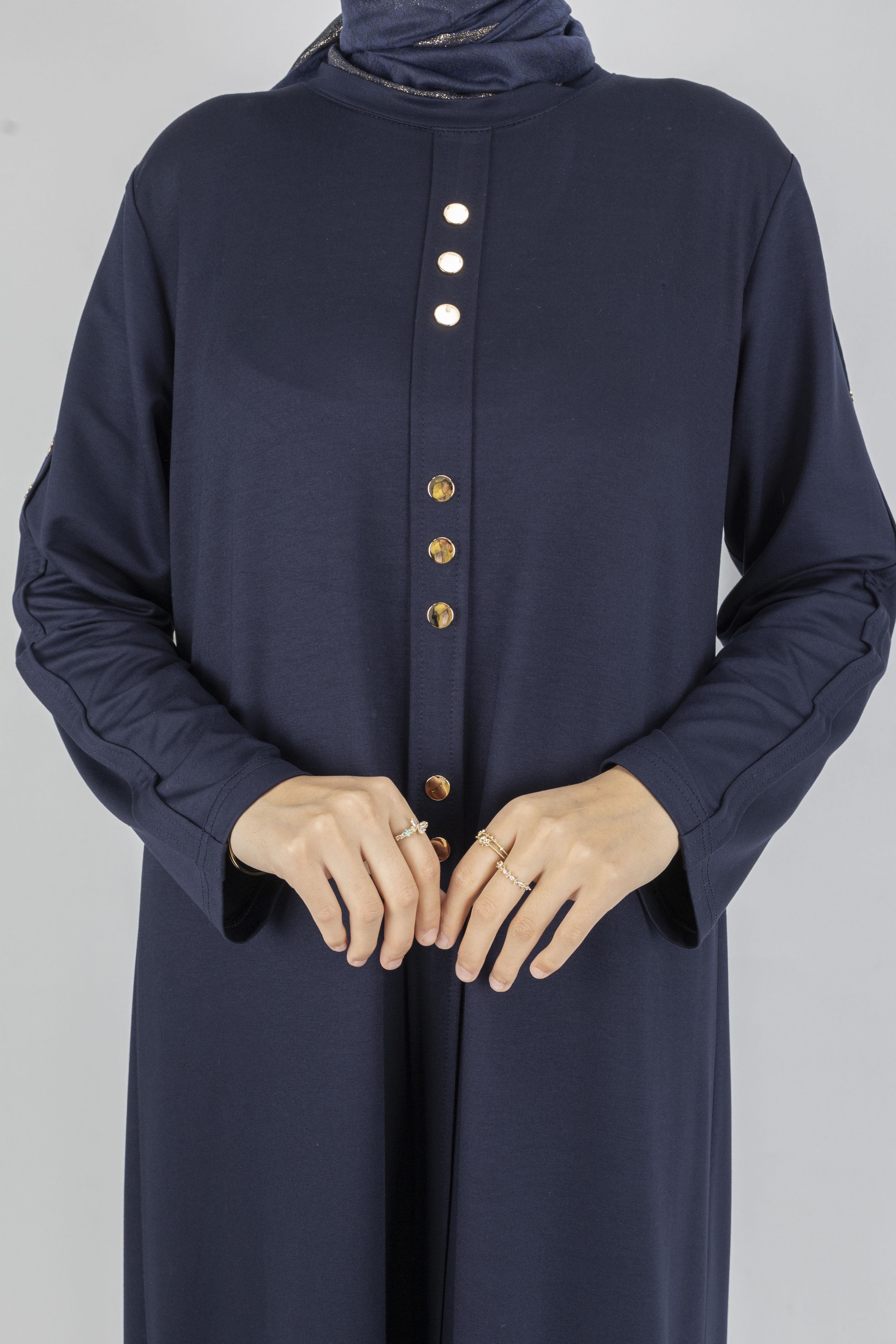 Düz Renk Modern Stil Düğmeli Tesettür Elbise Lacivert OTW2205