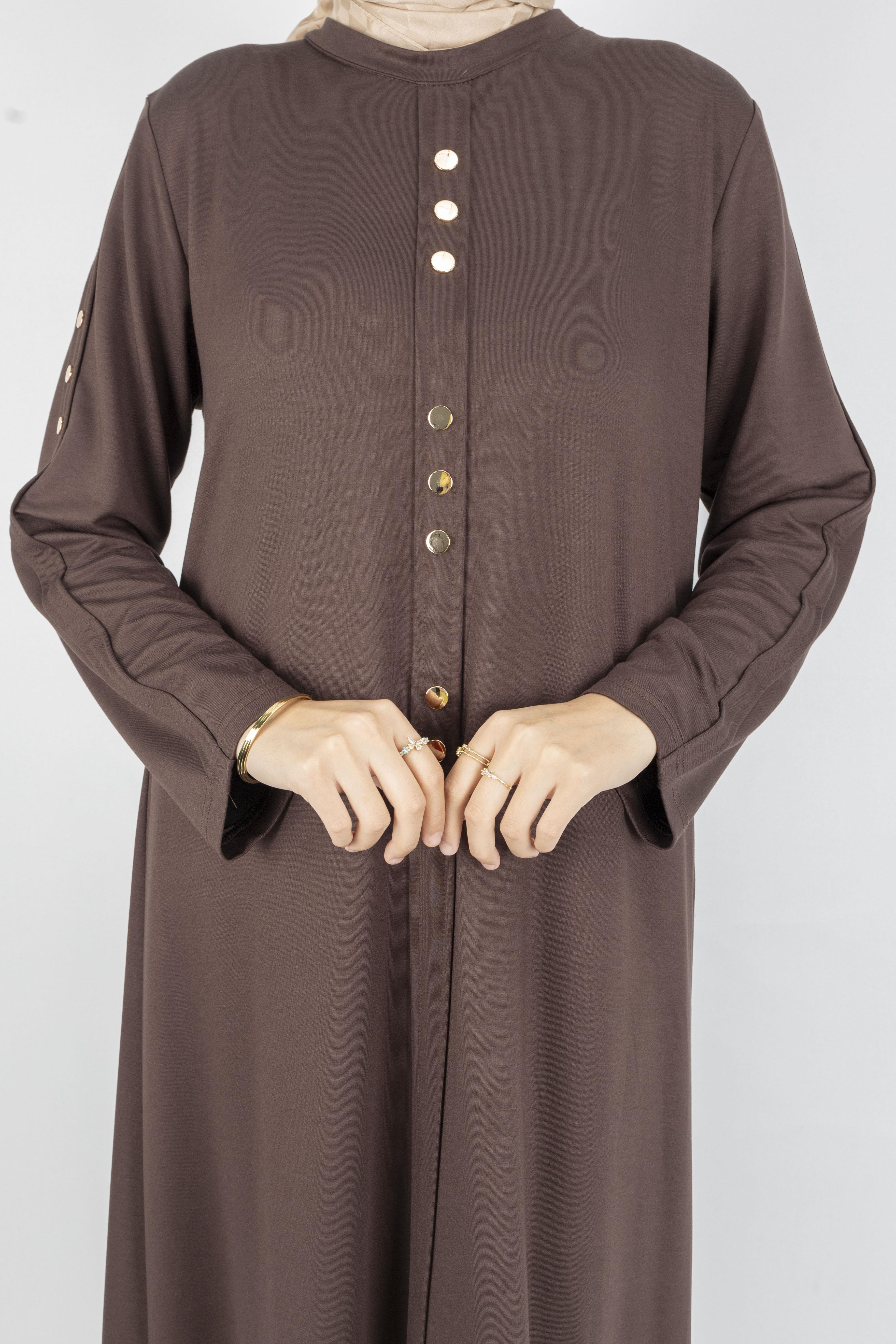 Düz Renk Modern Stil Düğmeli Tesettür Elbise Kahve OTW2205