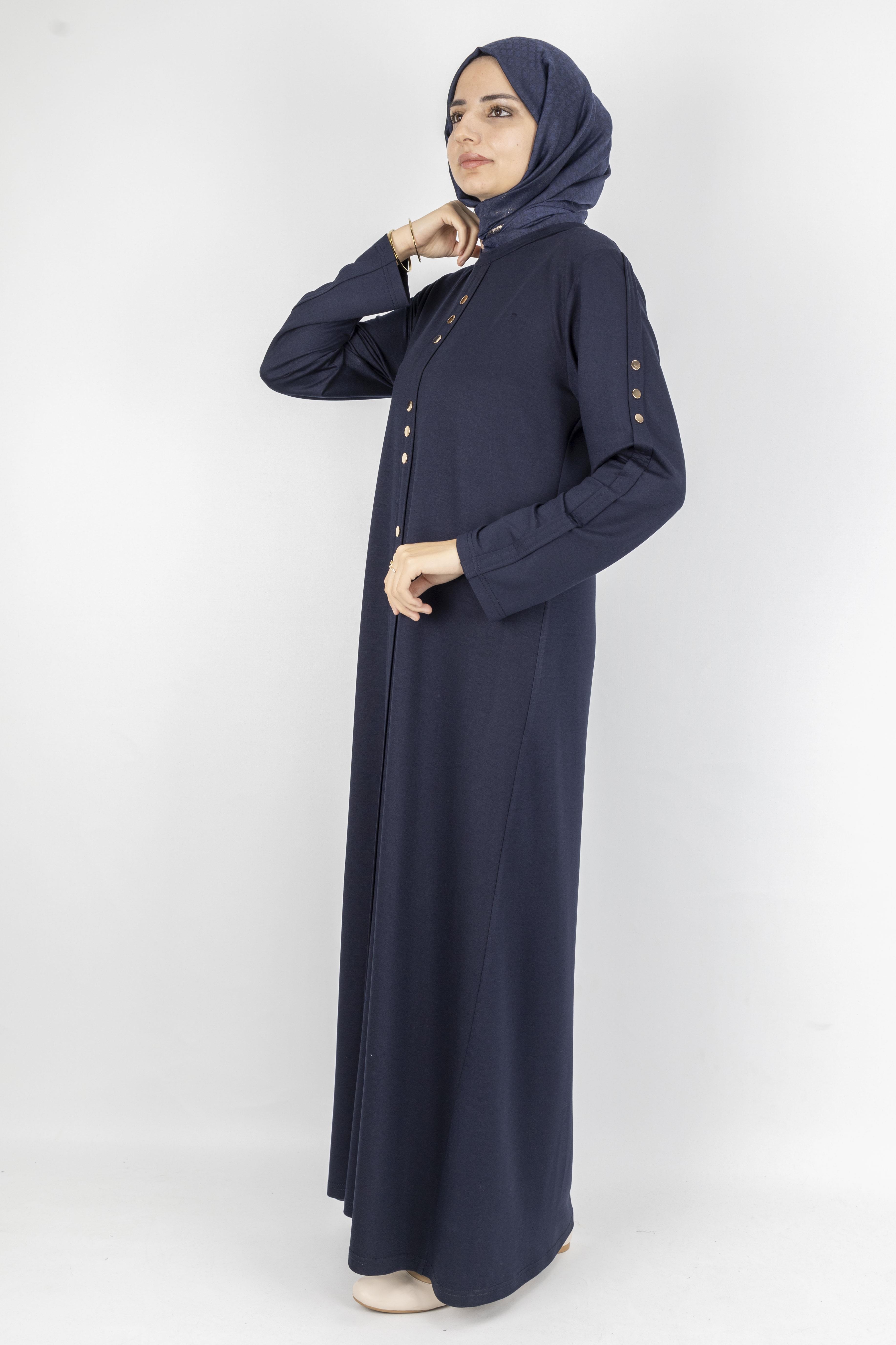 Düz Renk Modern Stil Düğmeli Tesettür Elbise Lacivert OTW2205