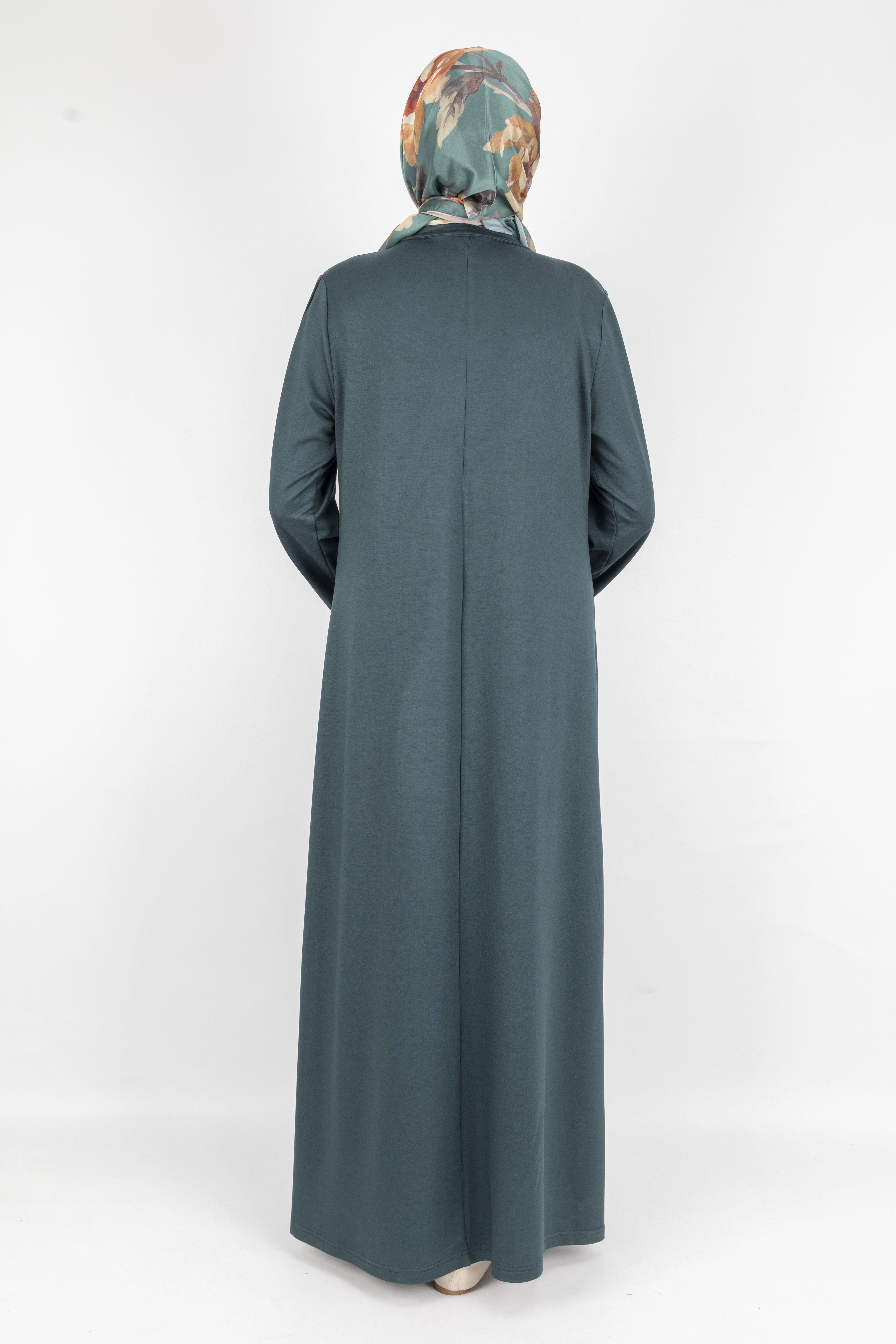 Düz Renk Modern Stil Düğmeli Tesettür Elbise Petrol OTW2205