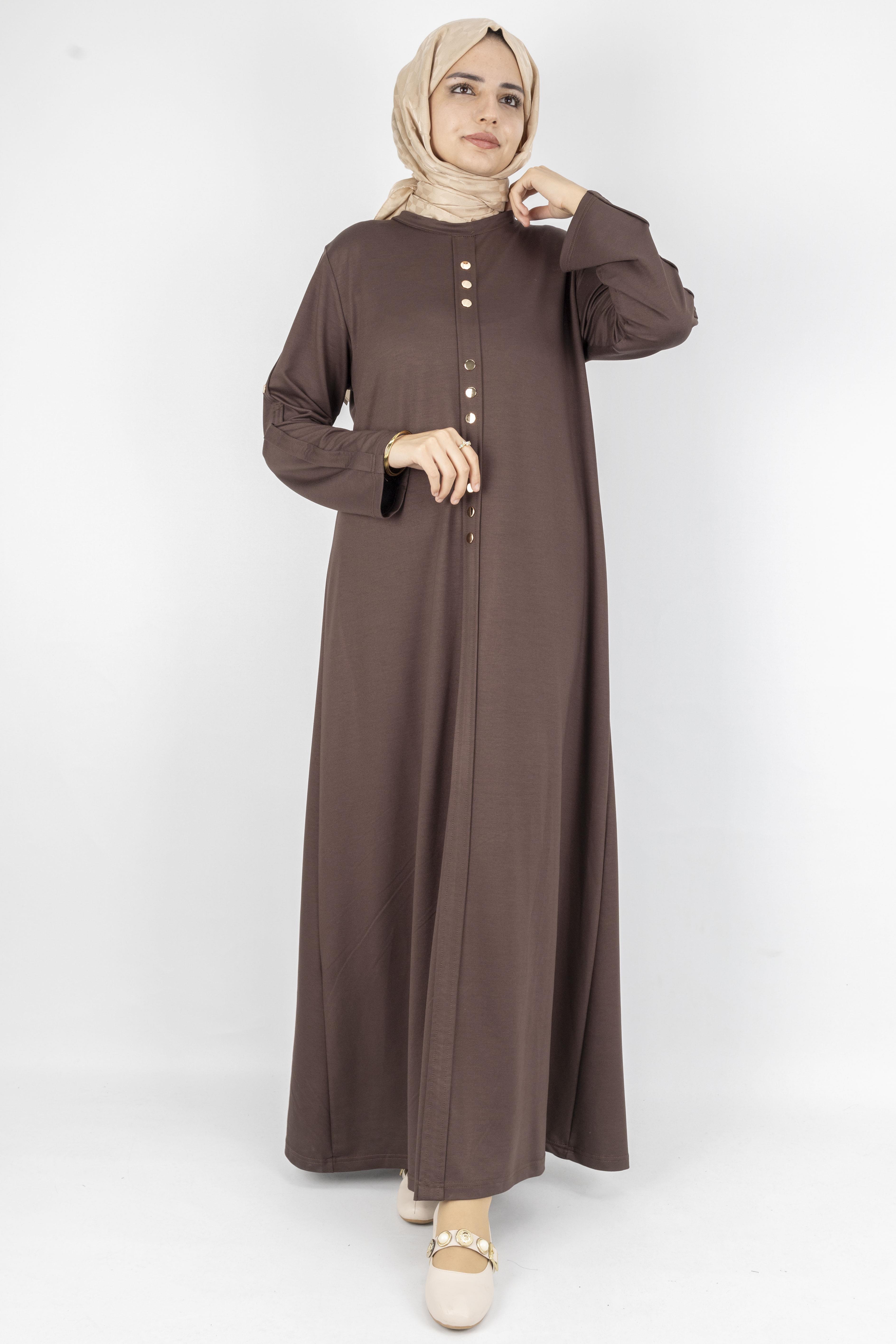 Düz Renk Modern Stil Düğmeli Tesettür Elbise Kahve OTW2205