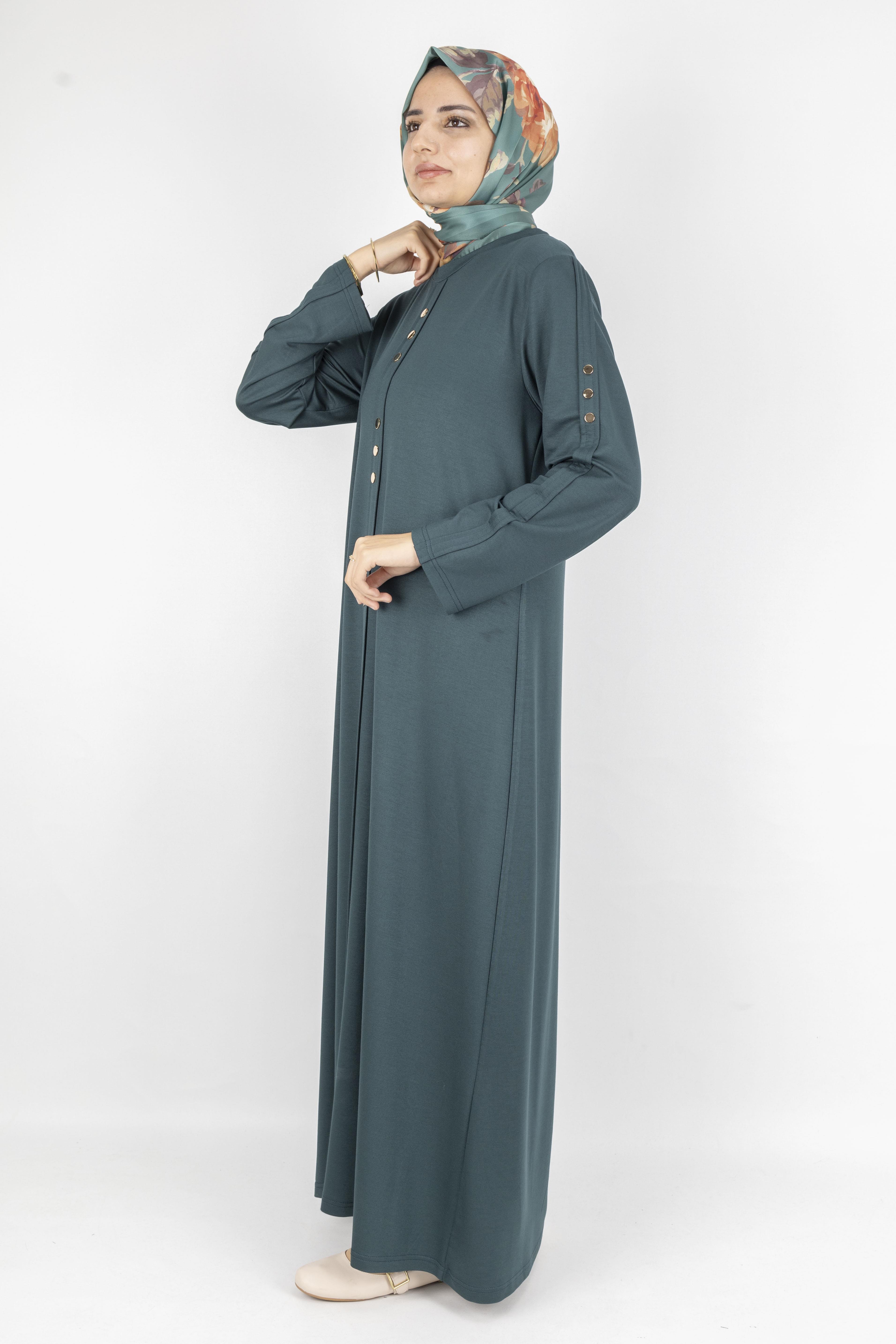 Düz Renk Modern Stil Düğmeli Tesettür Elbise Petrol OTW2205