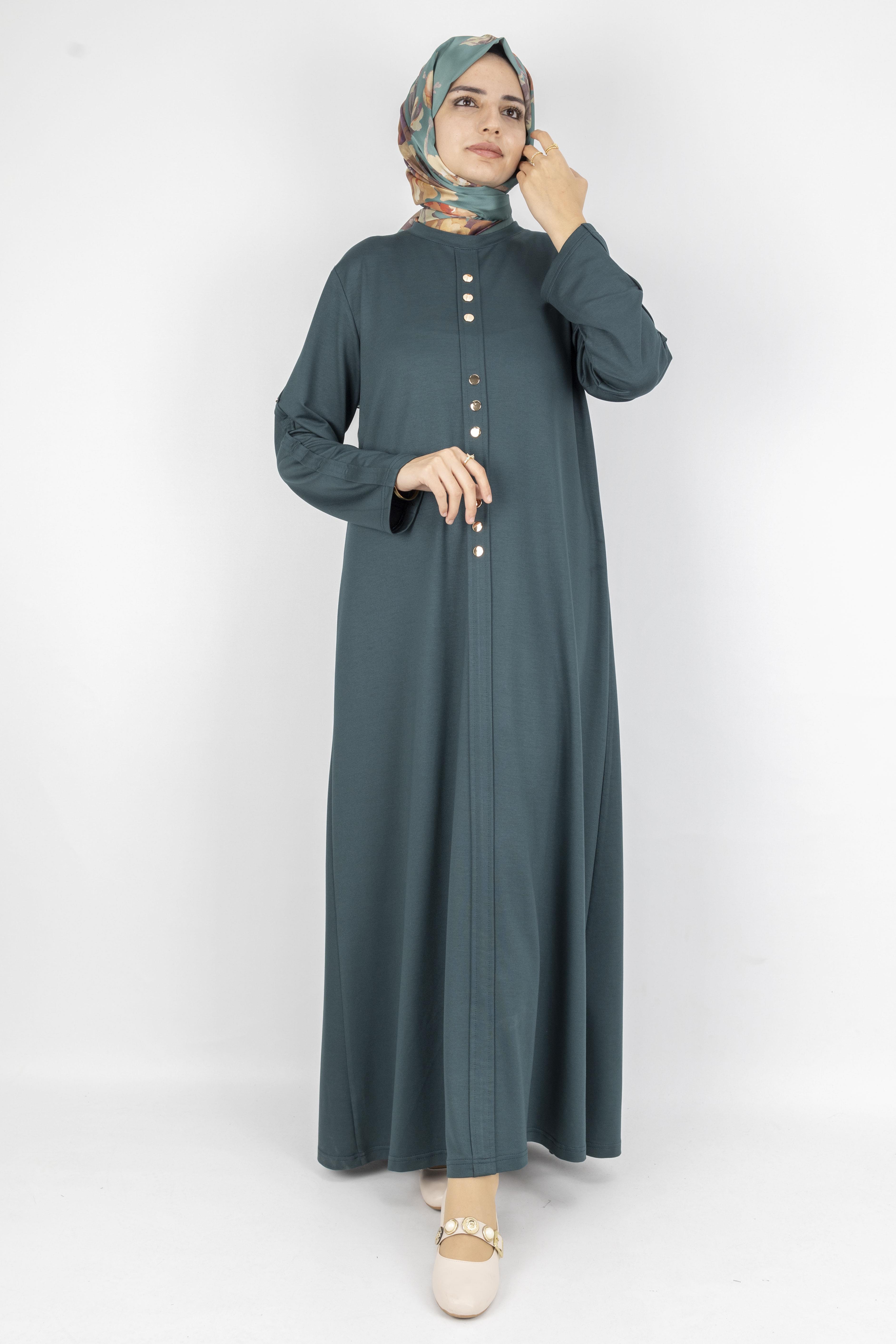 Düz Renk Modern Stil Düğmeli Tesettür Elbise Petrol OTW2205