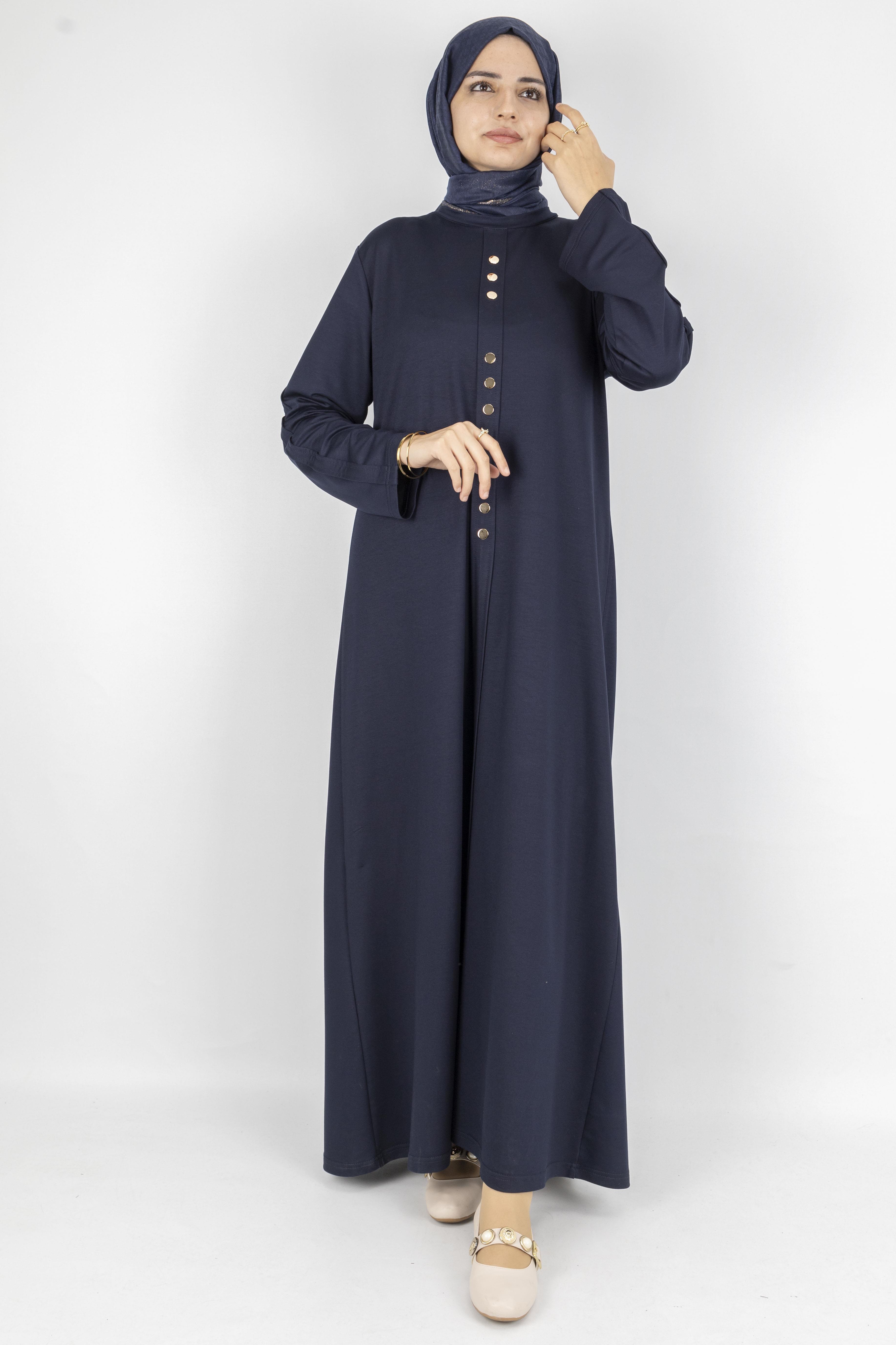 Düz Renk Modern Stil Düğmeli Tesettür Elbise Lacivert OTW2205